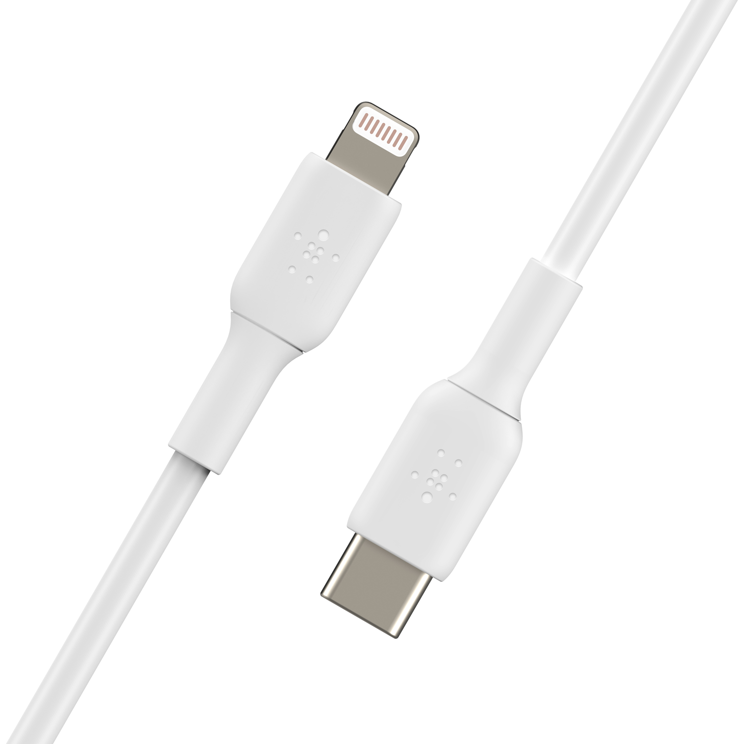 Deux câbles de charge blancs avec différents connecteurs. L'un est Lightning, l'autre USB-C, tous deux sur fond blanc.