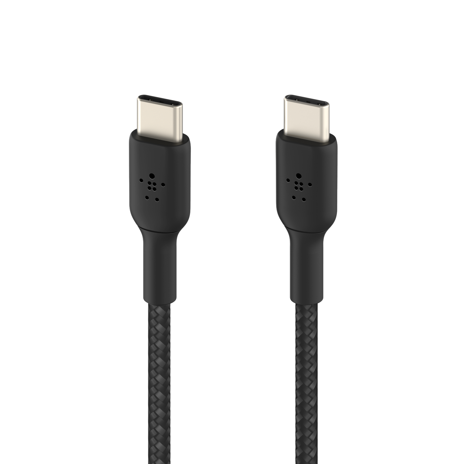 Deux câbles USB-C noirs sur fond noir. Chaque câble a un connecteur argenté et un cordon noir tressé.