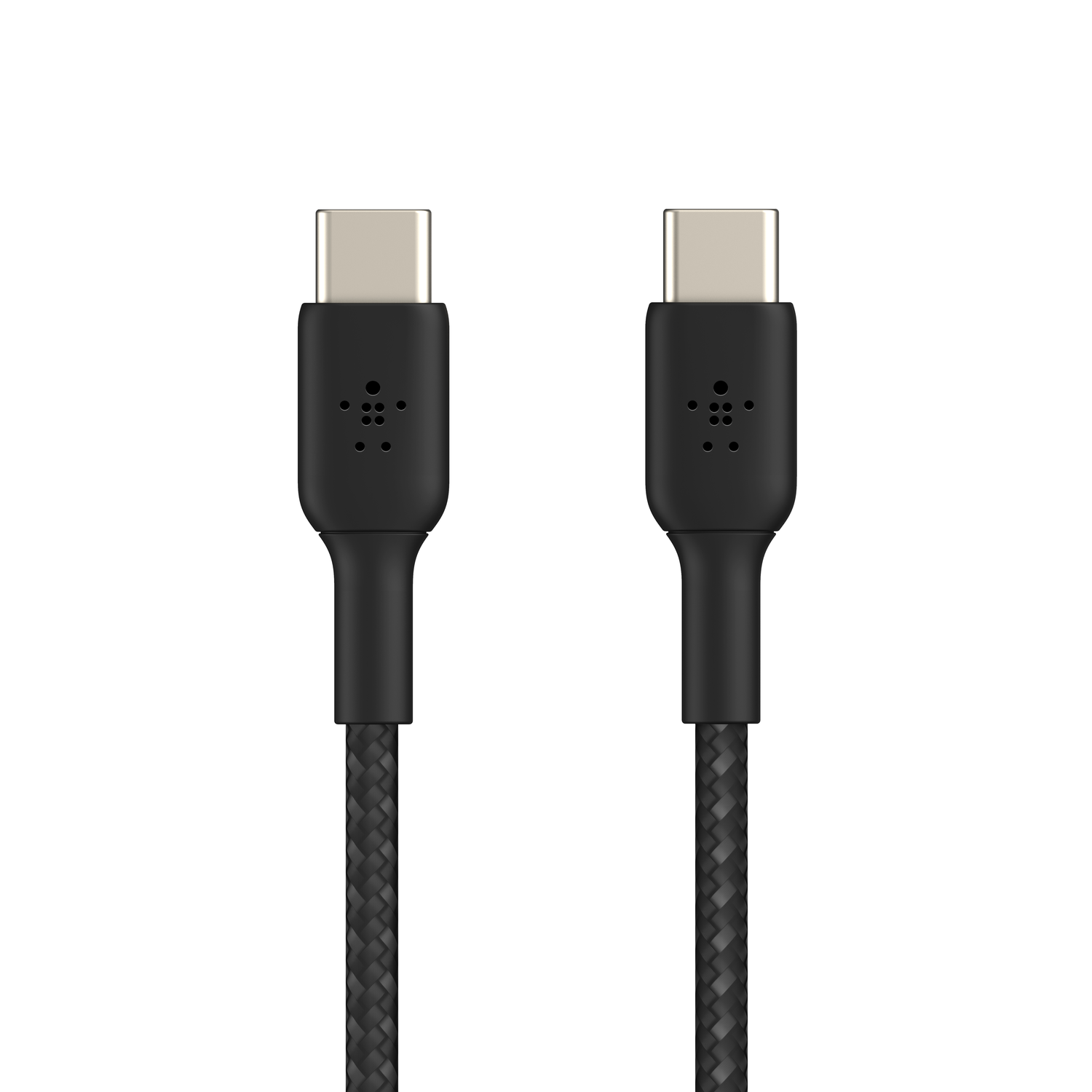 Deux câbles de chargement USB-C noirs sur fond blanc. Chaque câble a une extrémité métallique et un cordon tressé.