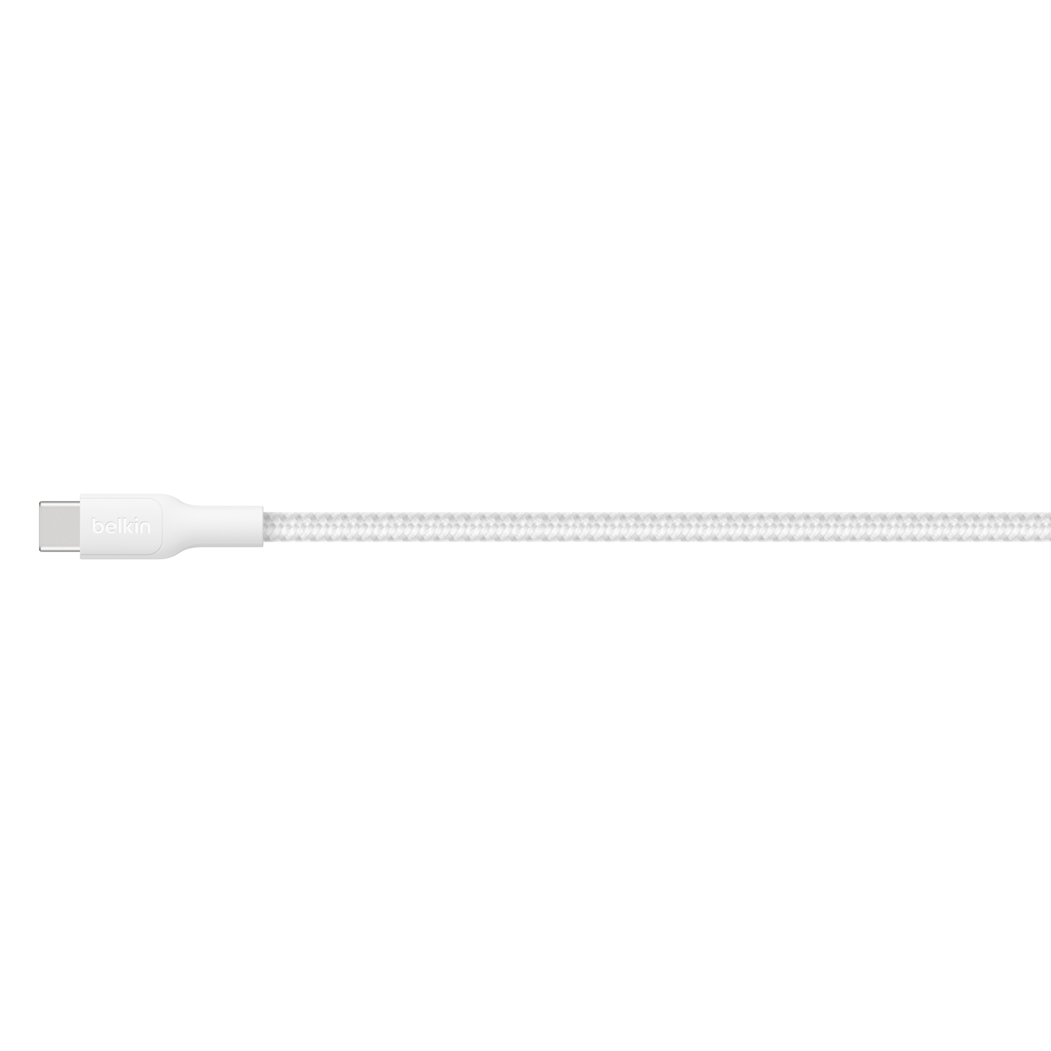 A white Belkin USB-C cable on a white background. The cable is straight and has a woven texture. The Belkin logo is visible.