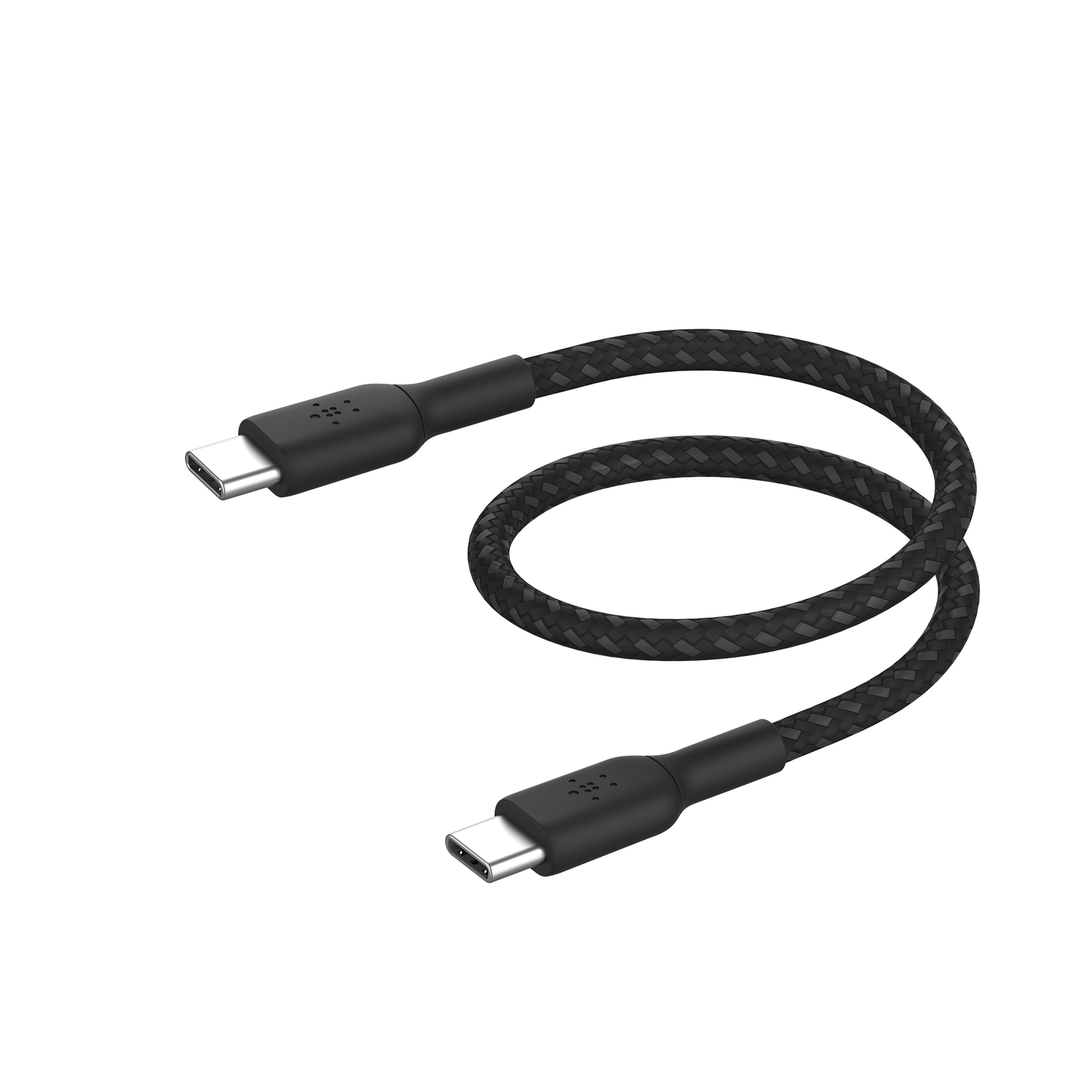 A black USB-C cable with a braided texture. The cable is curved, with connectors at each end. The background is white.