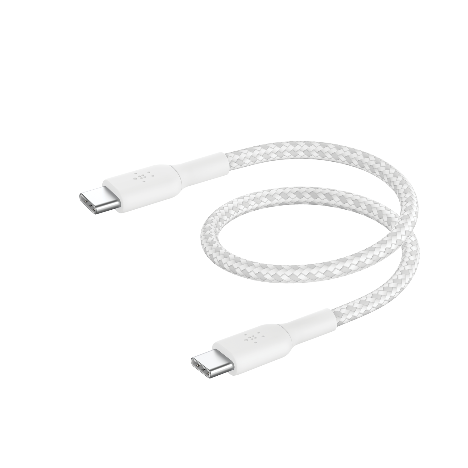 A white USB-C cable, braided and coiled. Connectors at both ends are white. The background is plain white.