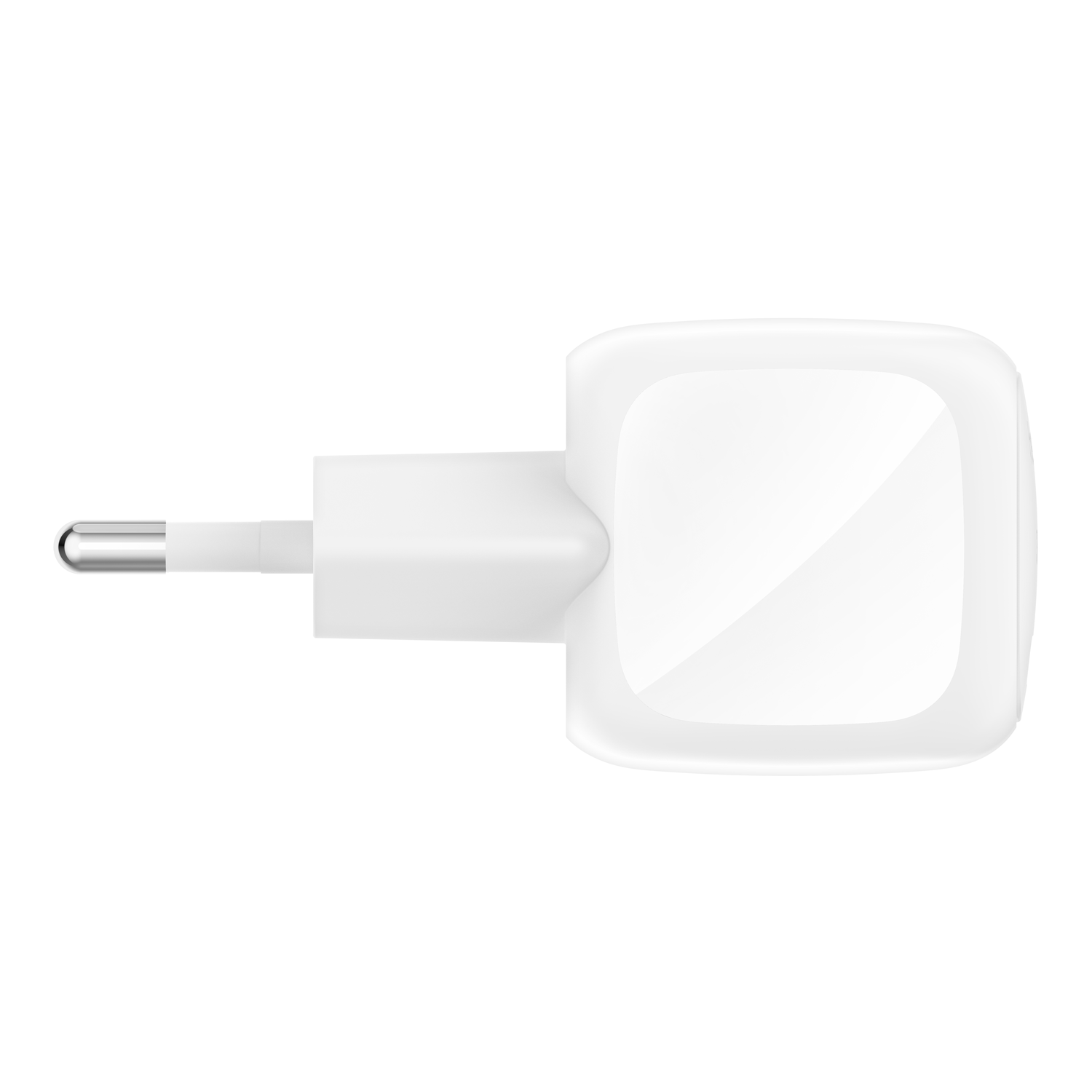 Un chargeur de téléphone blanc avec un corps carré et une prise sur le côté gauche, sur fond blanc.