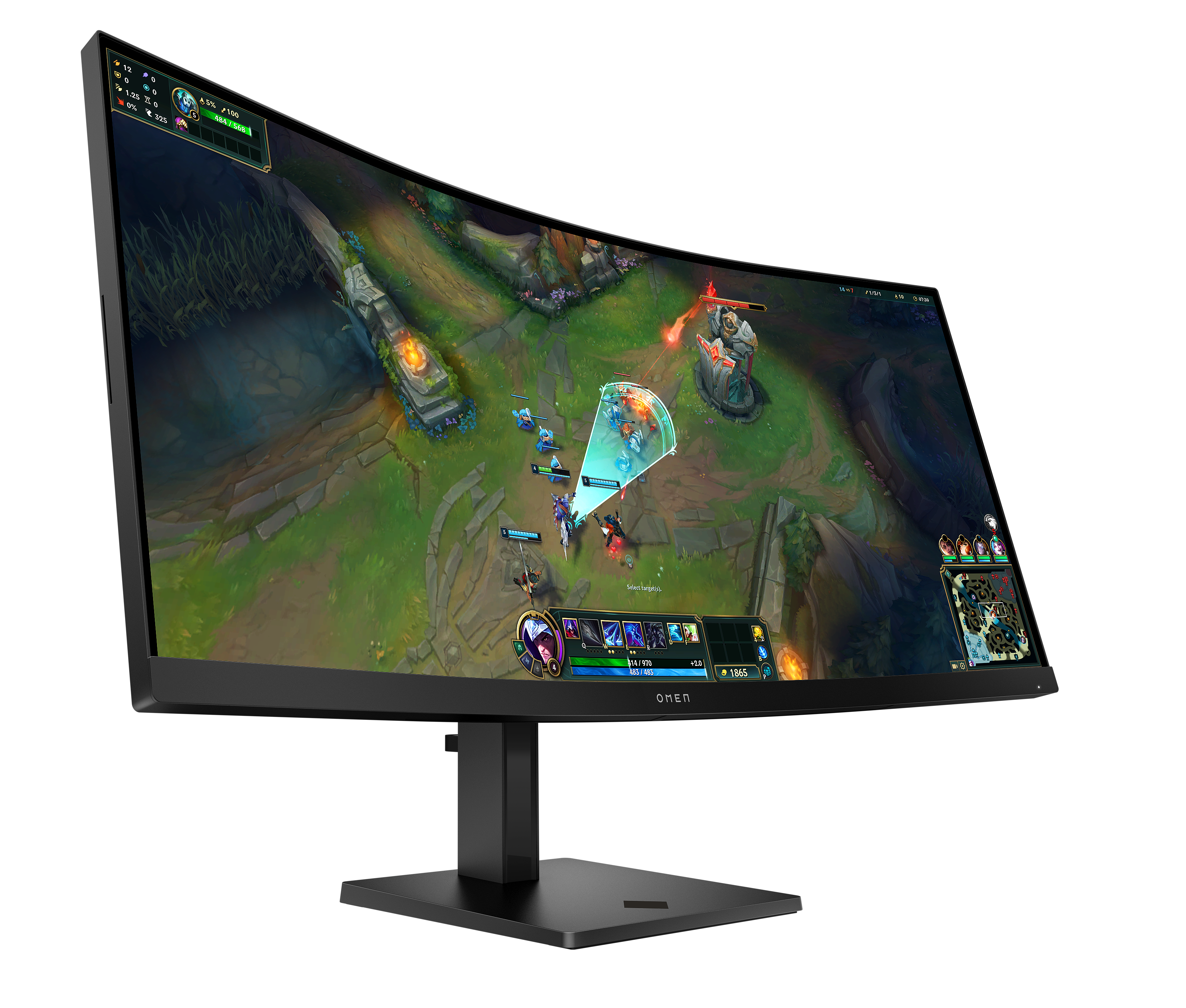Gebogener Gaming-Monitor mit einem League of Legends-Spiel. Der Bildschirm zeigt Action mit Charakteren und Elementen der Benutzeroberfläche.