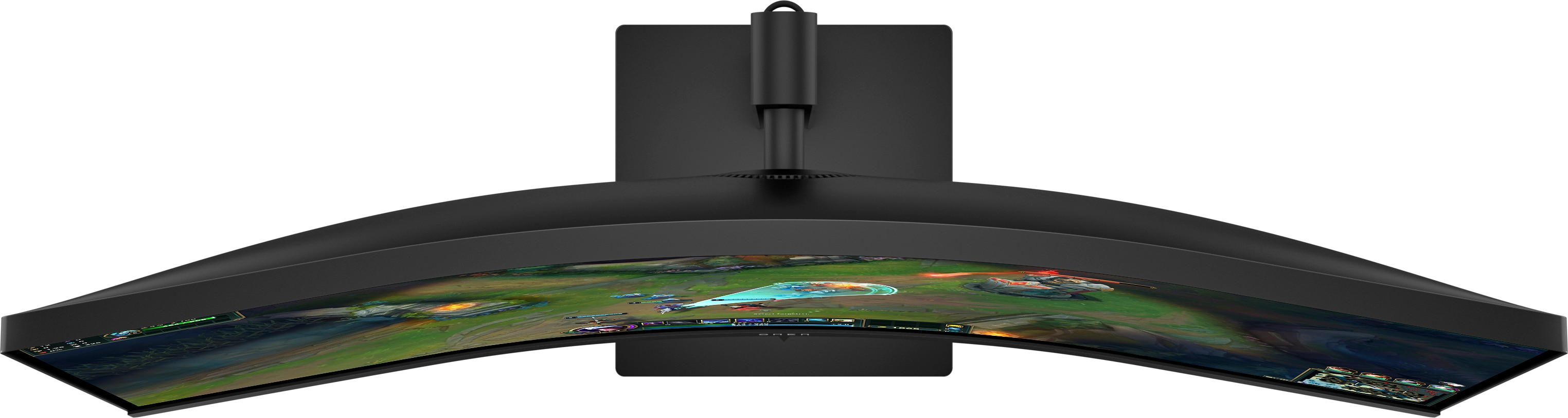 Ein gekrümmter schwarzer Monitor, der eine Videospielszenen anzeigt. Der Ständer und der Rahmen sind schwarz. Der Bildschirm zeigt eine Spielumgebung.