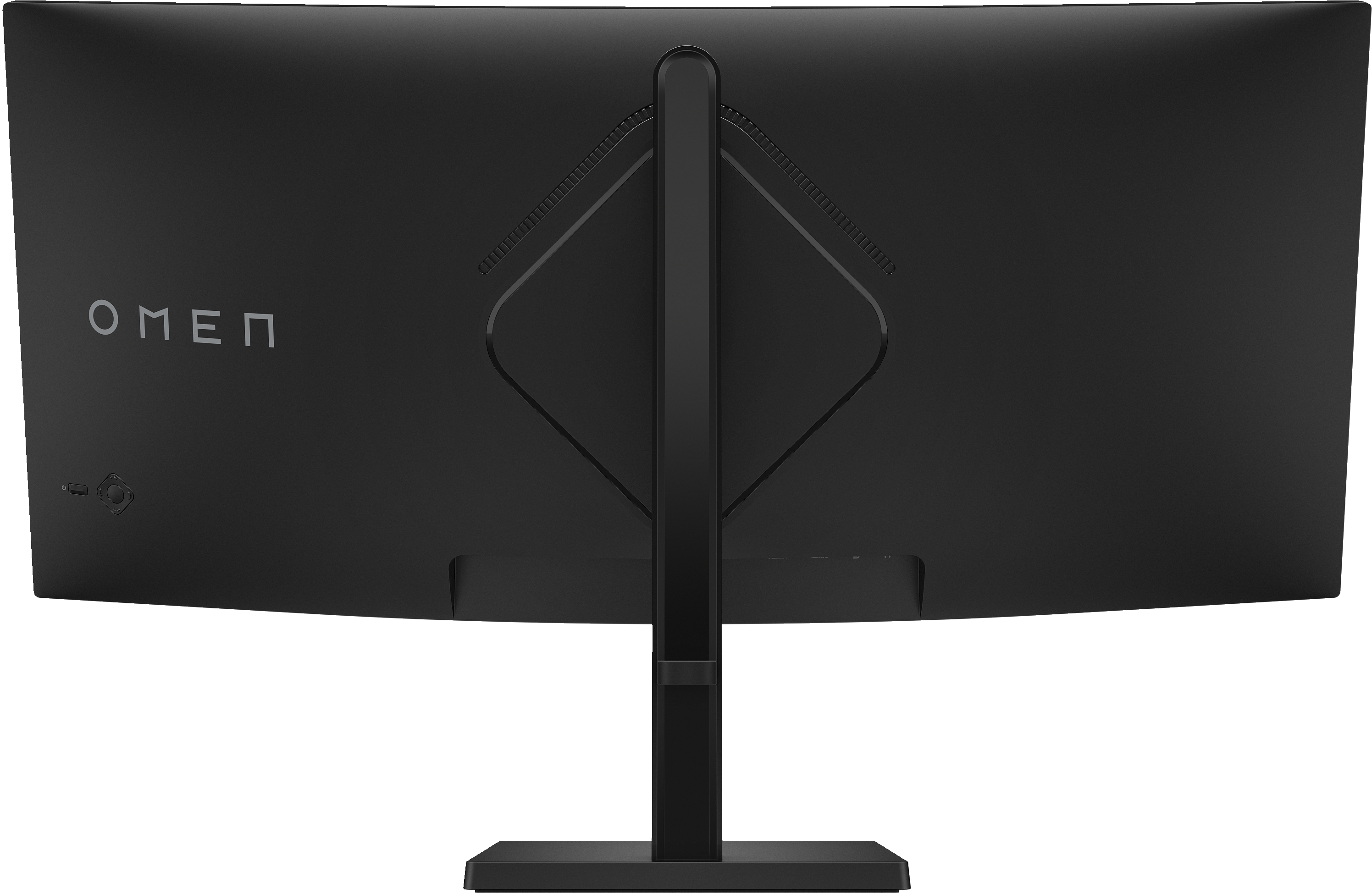 Rückansicht eines schwarzen OMEN-Gaming-Monitors mit Standfuß und OMEN-Logo.