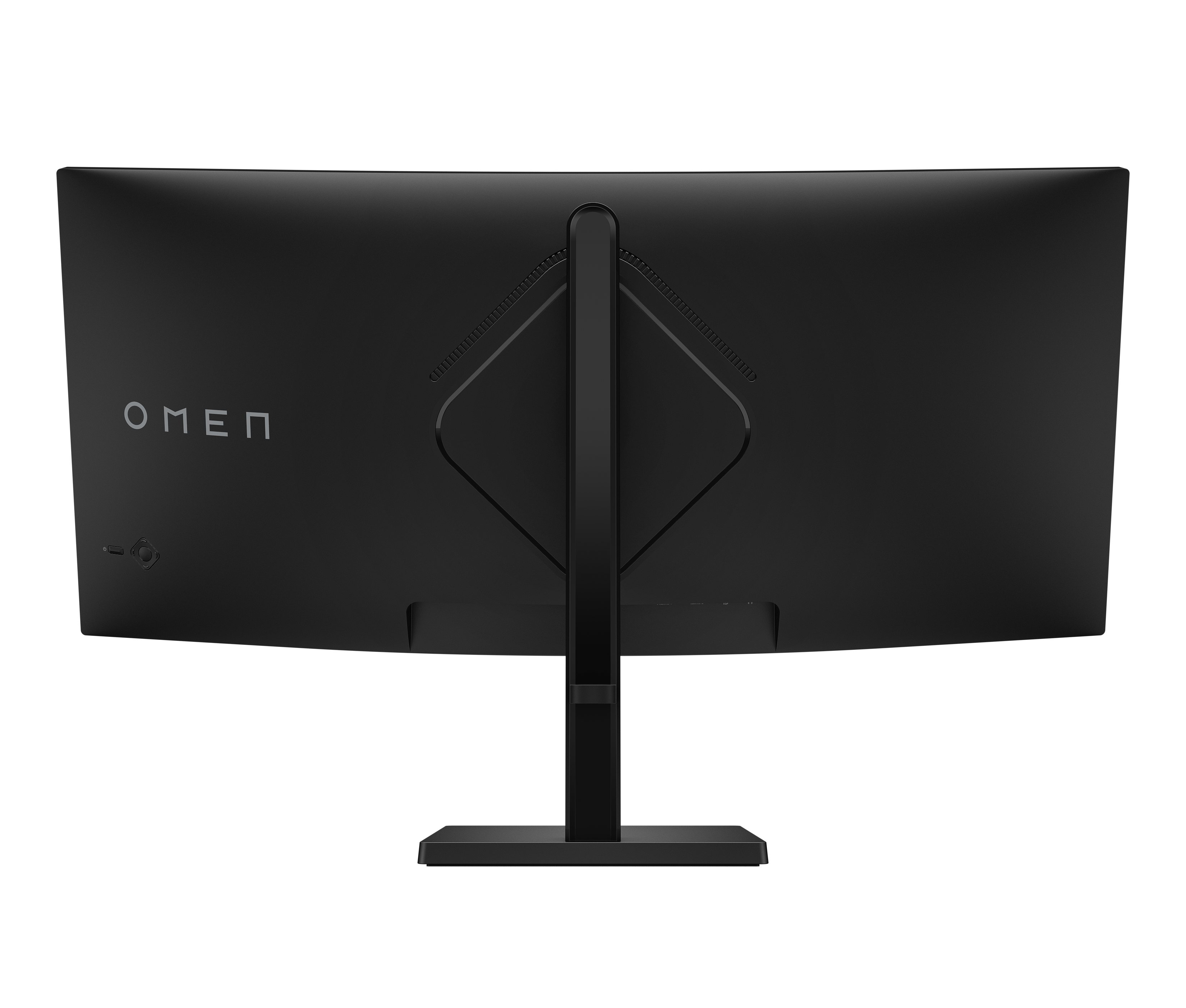Rückansicht eines gebogenen schwarzen OMEN-Monitors. Der Monitor steht auf einem schwarzen Ständer. Das OMEN-Logo ist sichtbar.