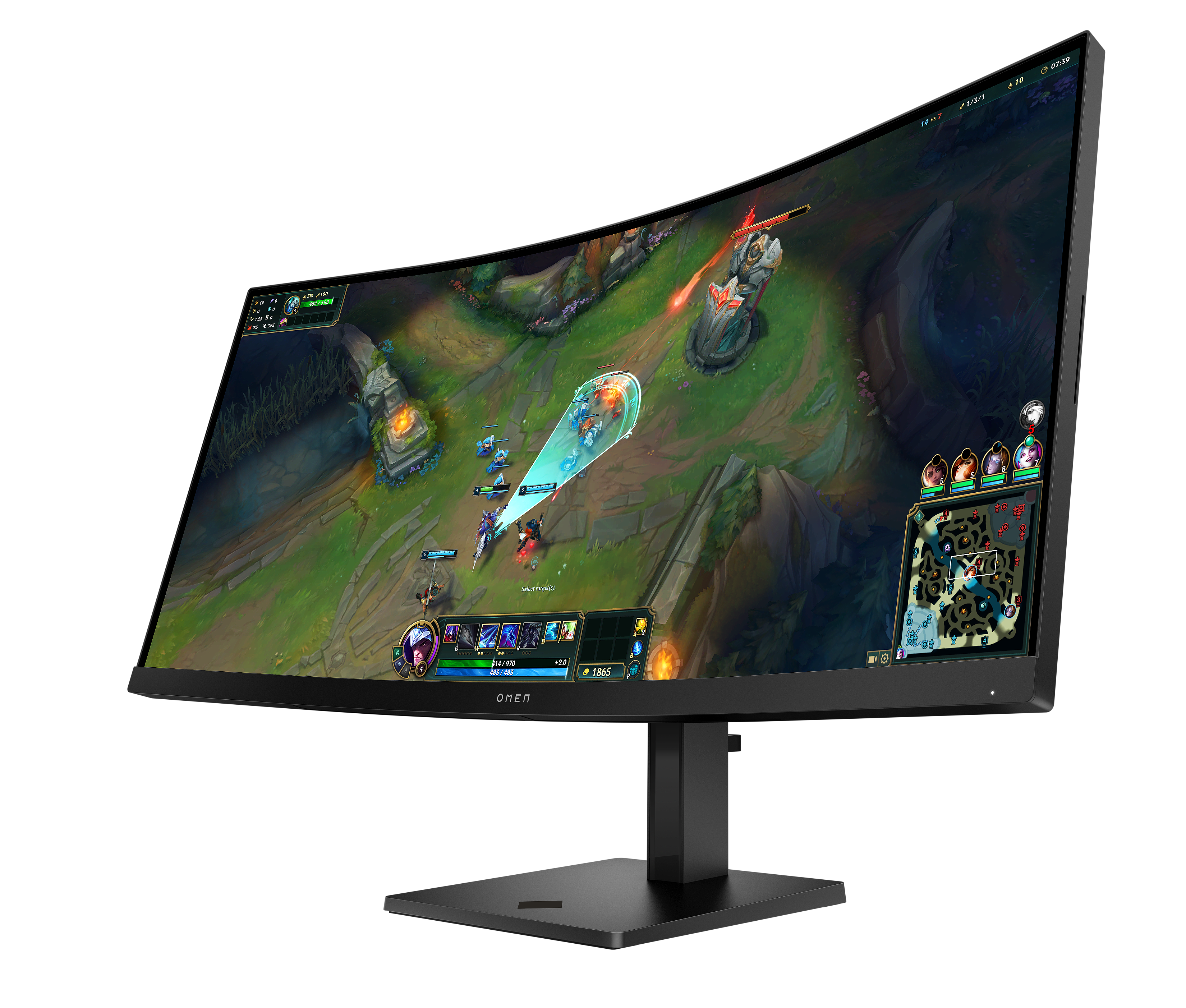 Gebogener Omen-Gaming-Monitor zeigt ein League of Legends-Spiel. Schwarzer Monitorständer und -fuß. Schwarzer Hintergrund.