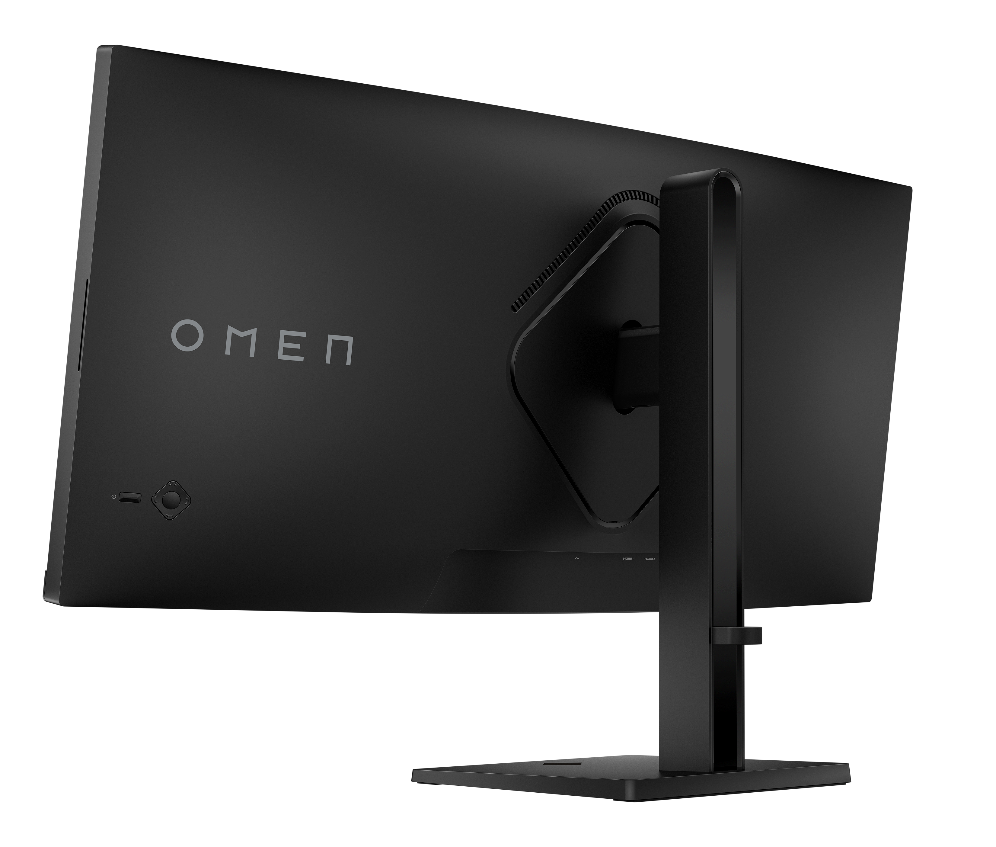 Rückansicht eines schwarzen OMEN-Monitors. Der Ständer und der Bildschirm sind schwarz. Das OMEN-Logo ist sichtbar.