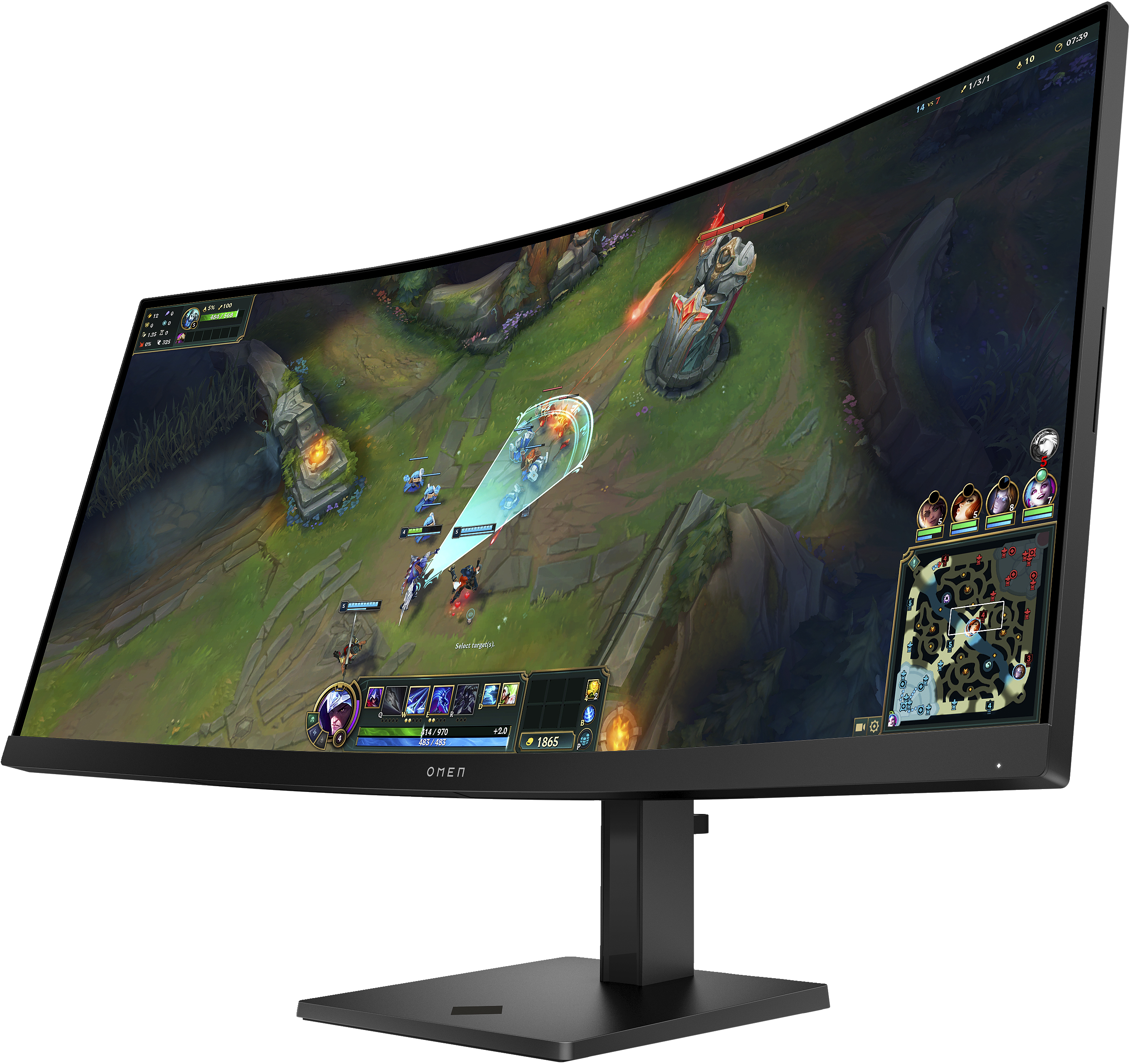 Ein gekrümmter Monitor zeigt ein League of Legends-Spiel. Der Bildschirm zeigt eine Kampfszene mit Charakteren und Mini-Karte.