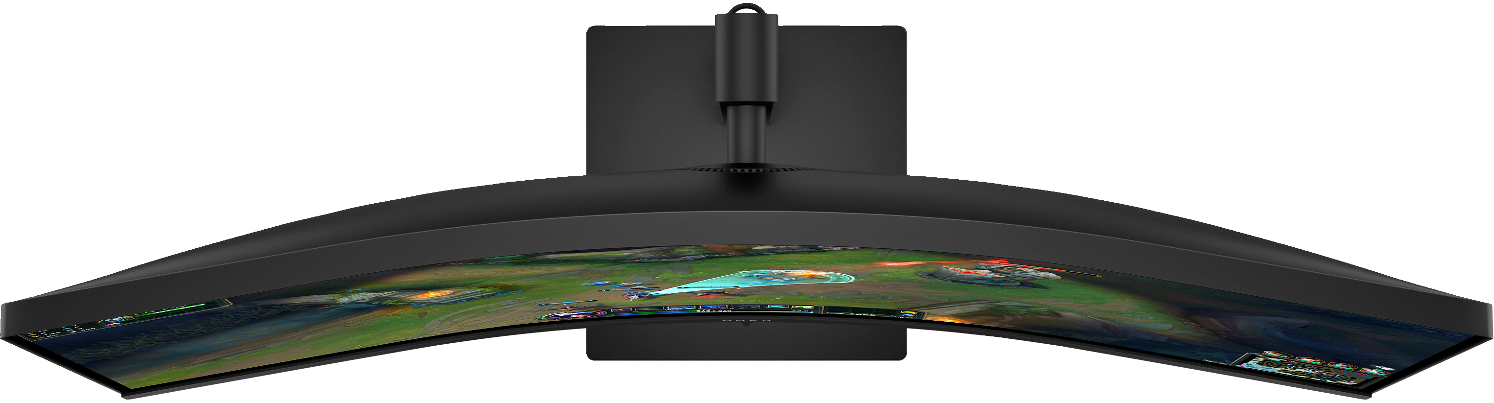 Schwarzer, gebogener Gaming-Monitor, der eine Spielszene anzeigt. Der Monitor hat einen Ständer und einen schwarzen Hintergrund.