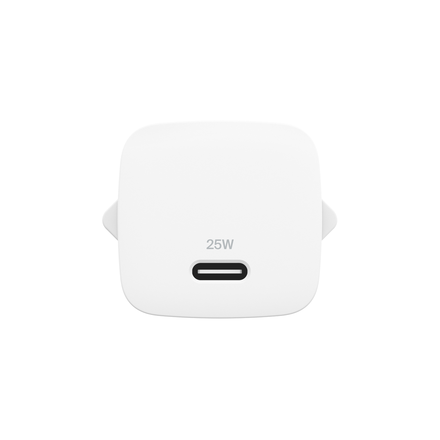 Un chargeur USB-C blanc de 25W. Dispose d'un port Type-C et du texte '25W'. Le fond est blanc uni.