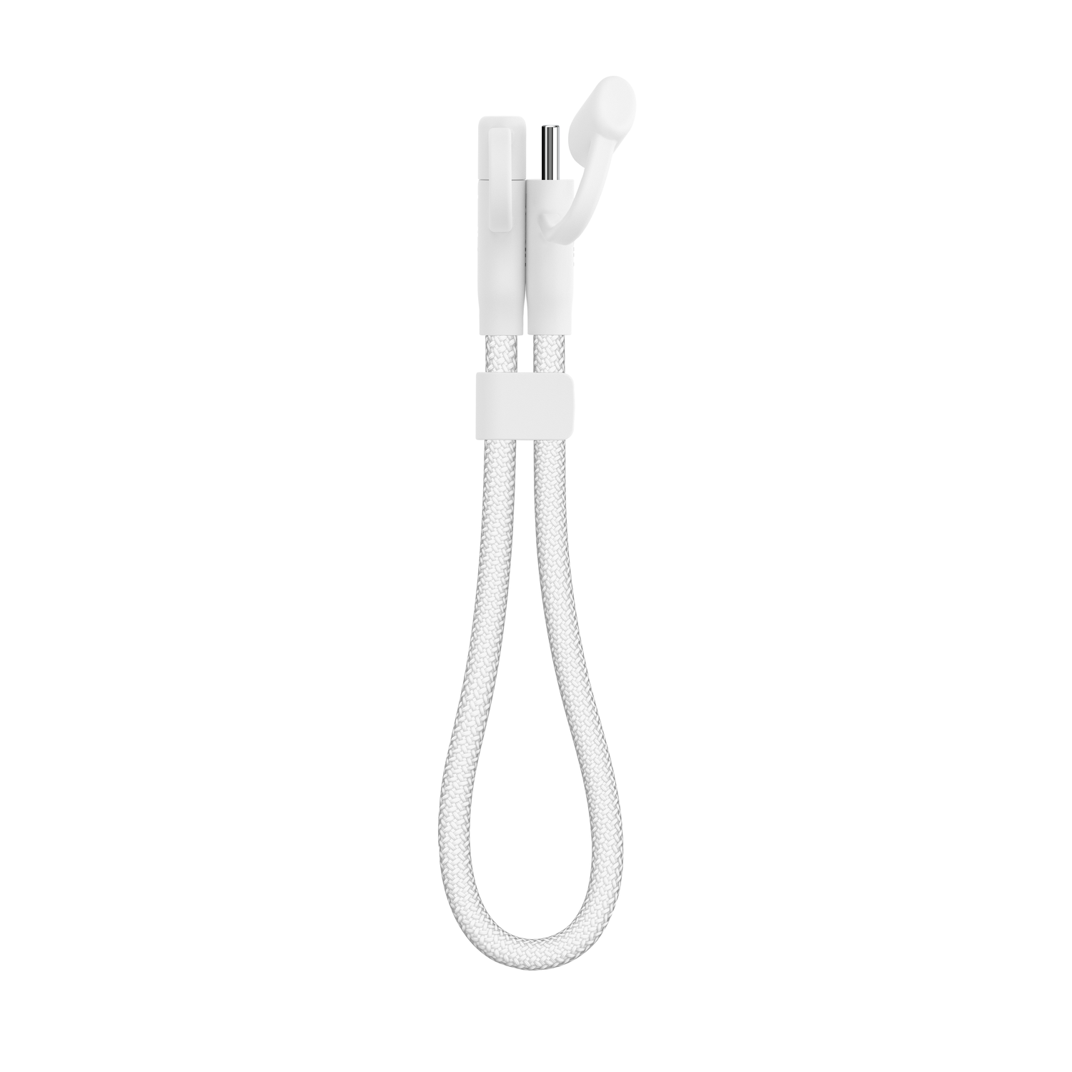 Un support de téléphone blanc avec un cordon tressé. Le support a un clip, un bras réglable et une boucle en bas.