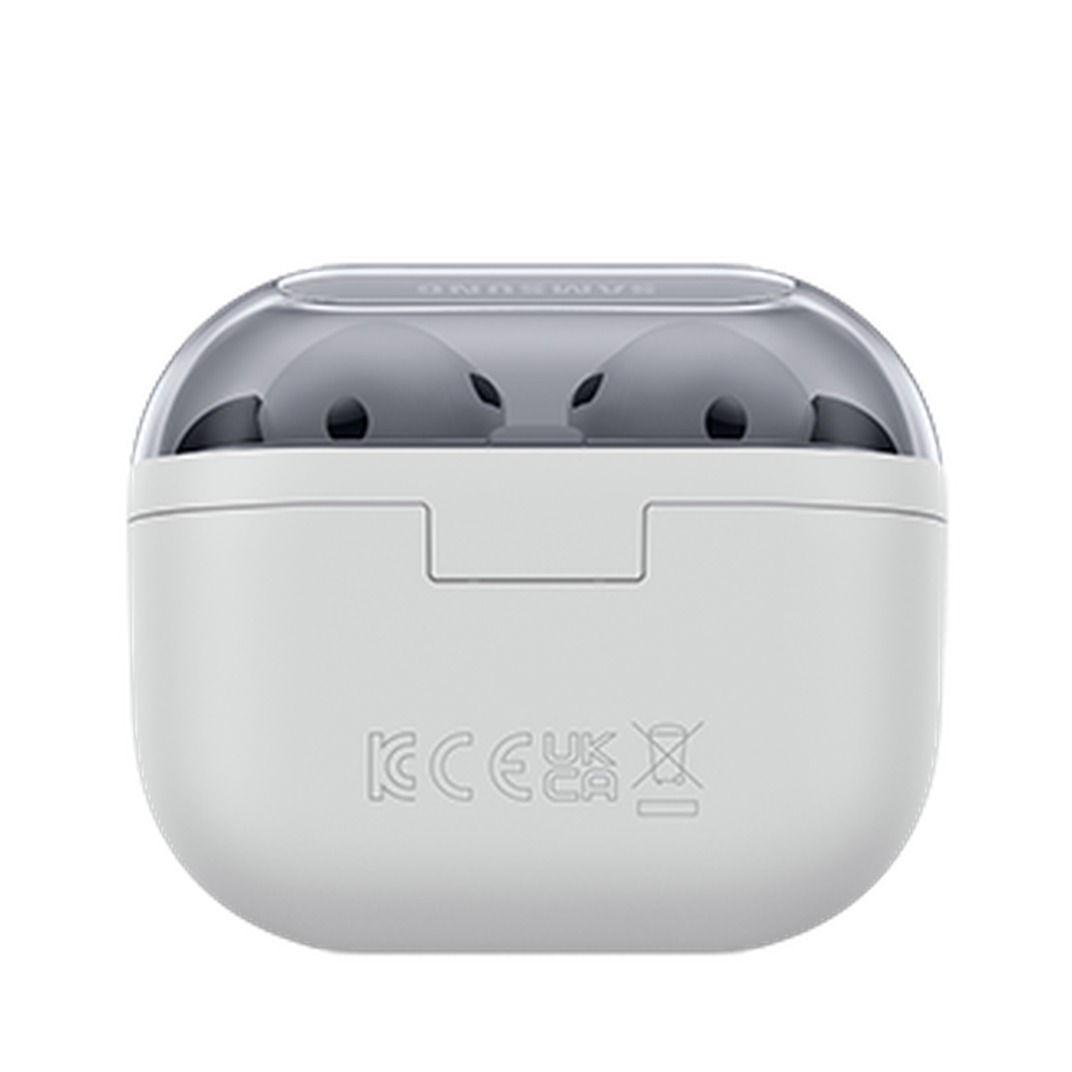 Een witte oplaadcase voor oortelefoons met een transparante deksel. Twee grijze oortelefoons zijn zichtbaar.