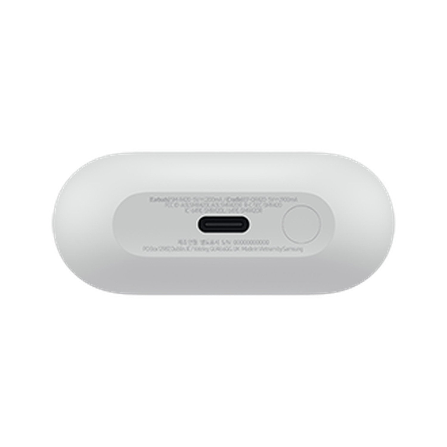 Bovenaanzicht van een witte, ovaalvormige oplaadcase. Voorzien van een USB-C poort en diverse markeringen. Achtergrond is zwart.