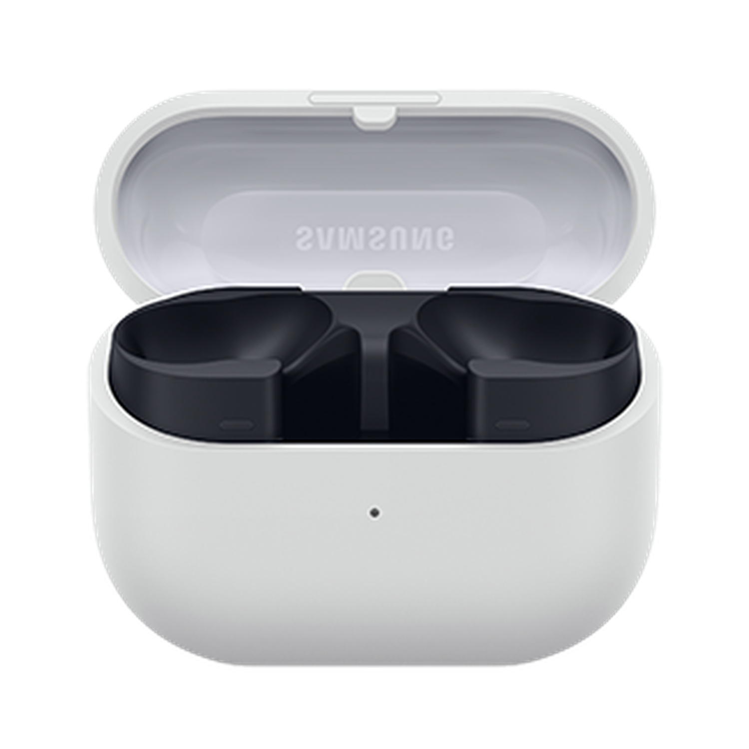 Witte open oplaadcase met zwarte oortelefoon-sleuven binnenin. De deksel is open en toont het Samsung-logo. Er is een kleine stip aanwezig.