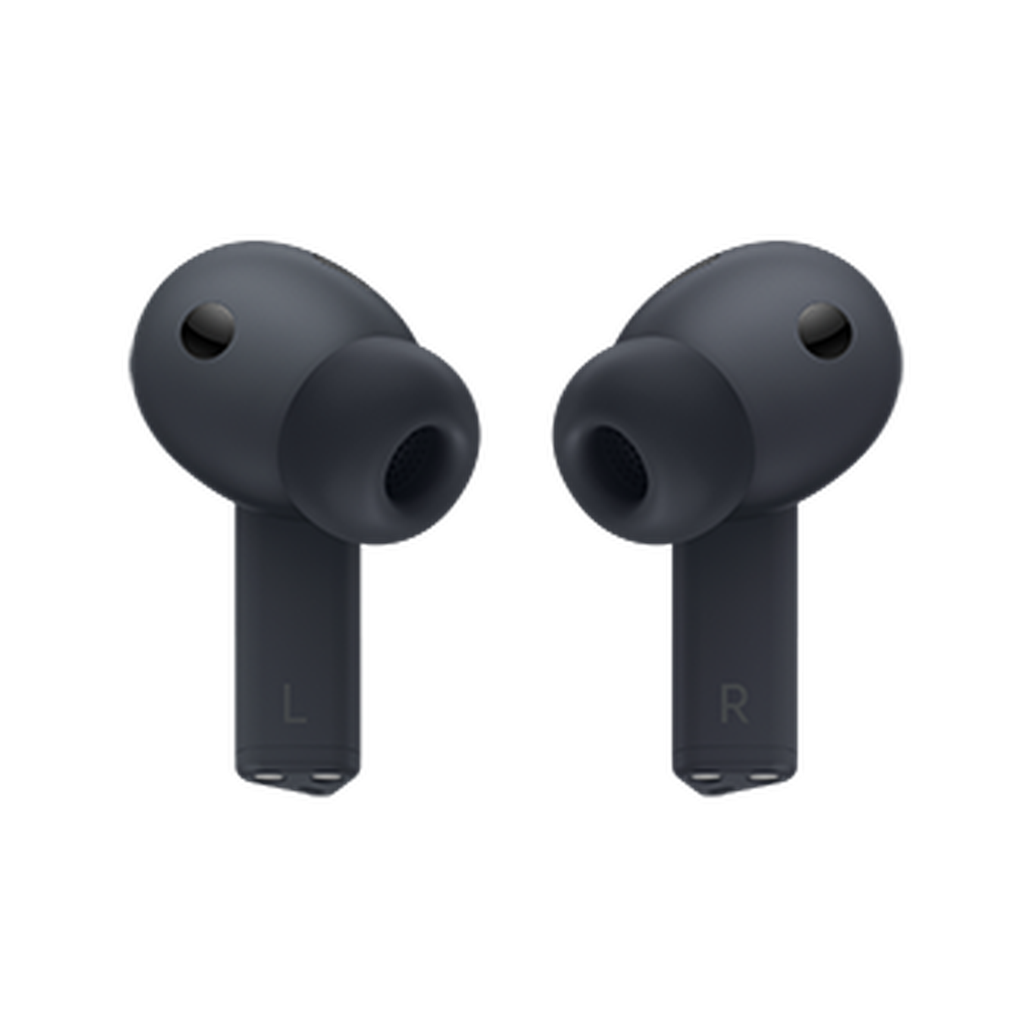 Dos auriculares inalámbricos grises oscuros, etiquetados como 'L' y 'R', sobre un fondo negro. Cada auricular tiene un pequeño agujero.