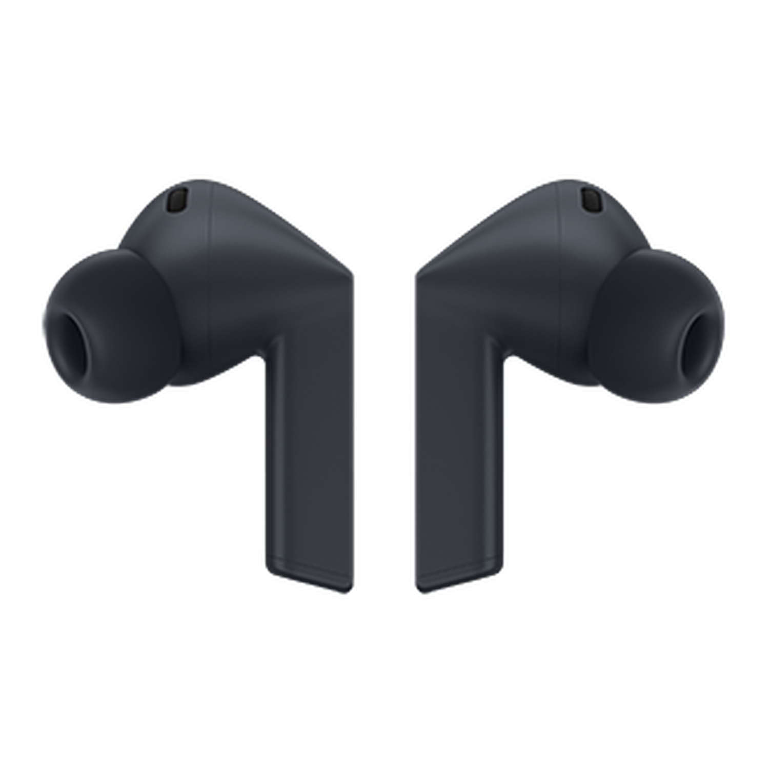 Dos auriculares inalámbricos gris oscuro, separados sobre un fondo negro. Cada uno tiene una punta de silicona y un tallo.