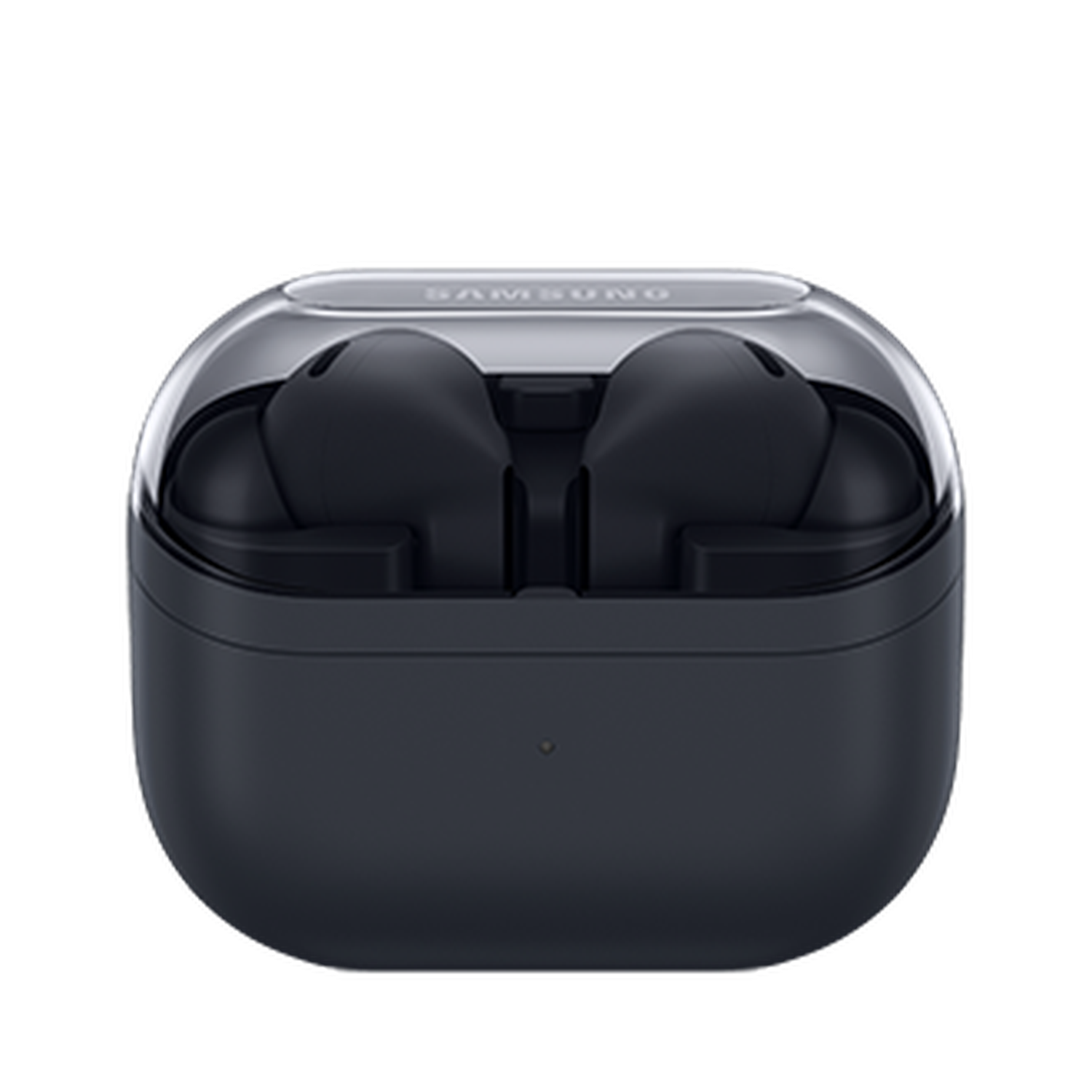 Primer plano de auriculares Samsung negros en un estuche de carga. El estuche está abierto, mostrando los auriculares. El fondo es negro.