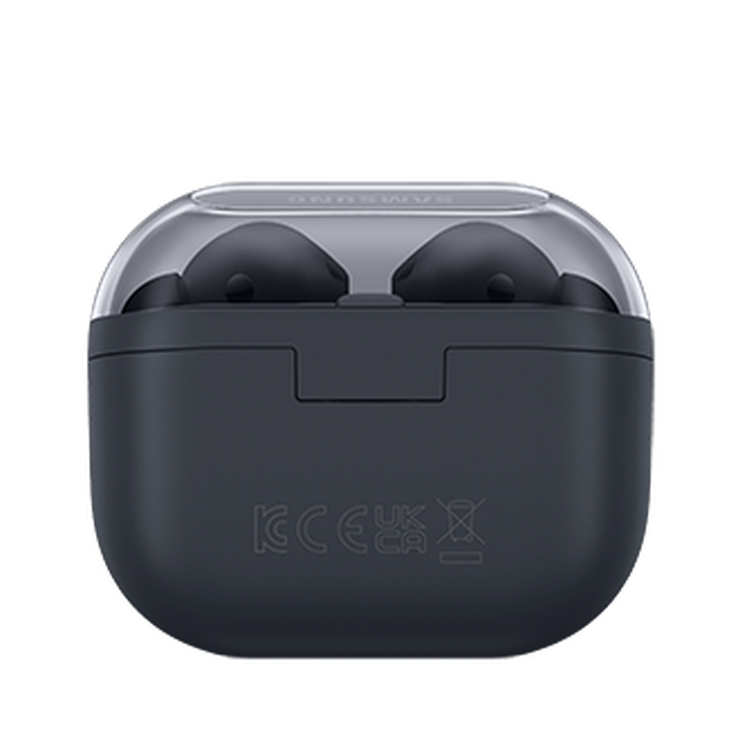 Un estuche de carga de auriculares gris oscuro con tapa transparente. Dos auriculares están dentro. La funda tiene el logo de Samsung en la parte superior.