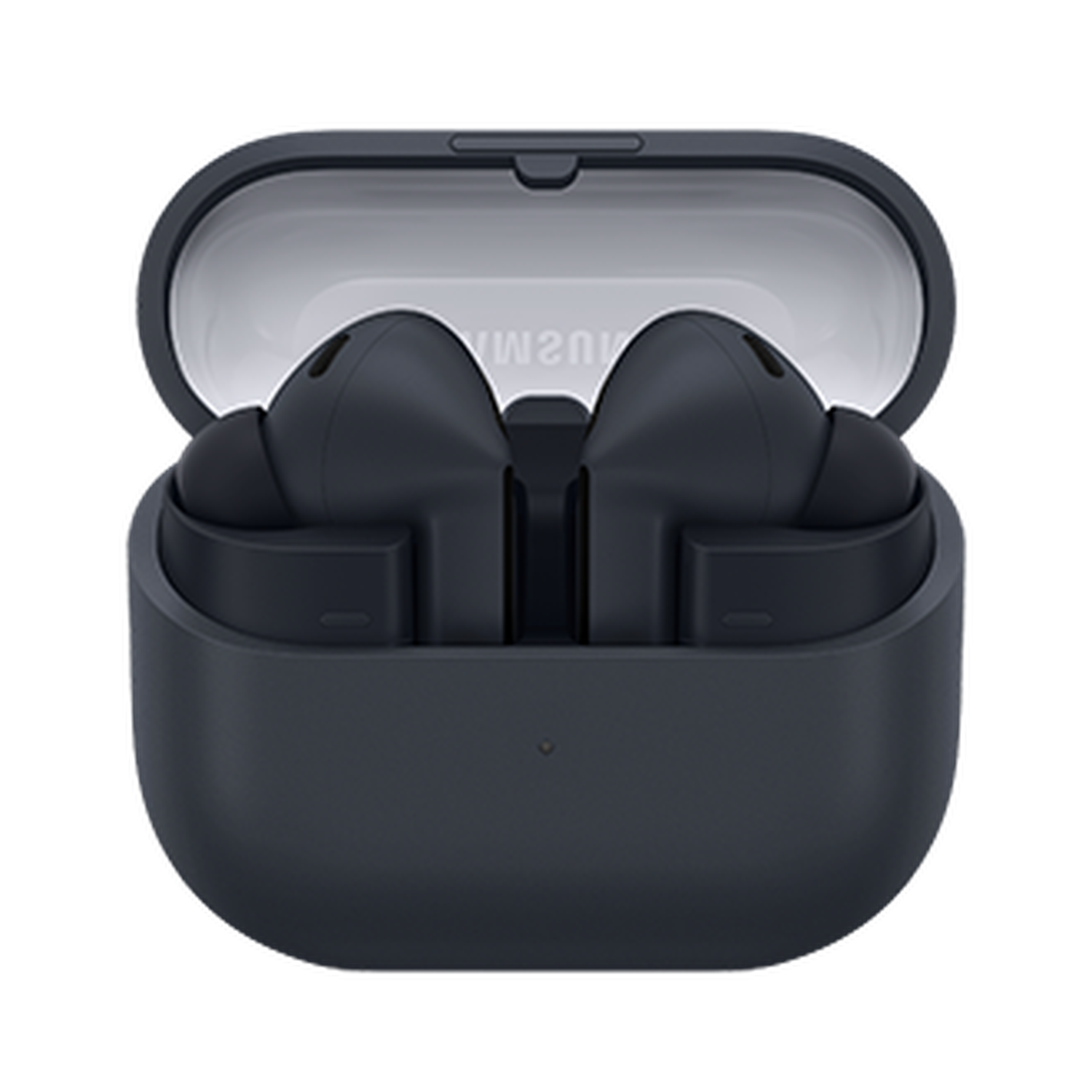 Estuche de auriculares gris oscuro abierto con dos auriculares negros dentro. El estuche está abierto, revelando los auriculares.