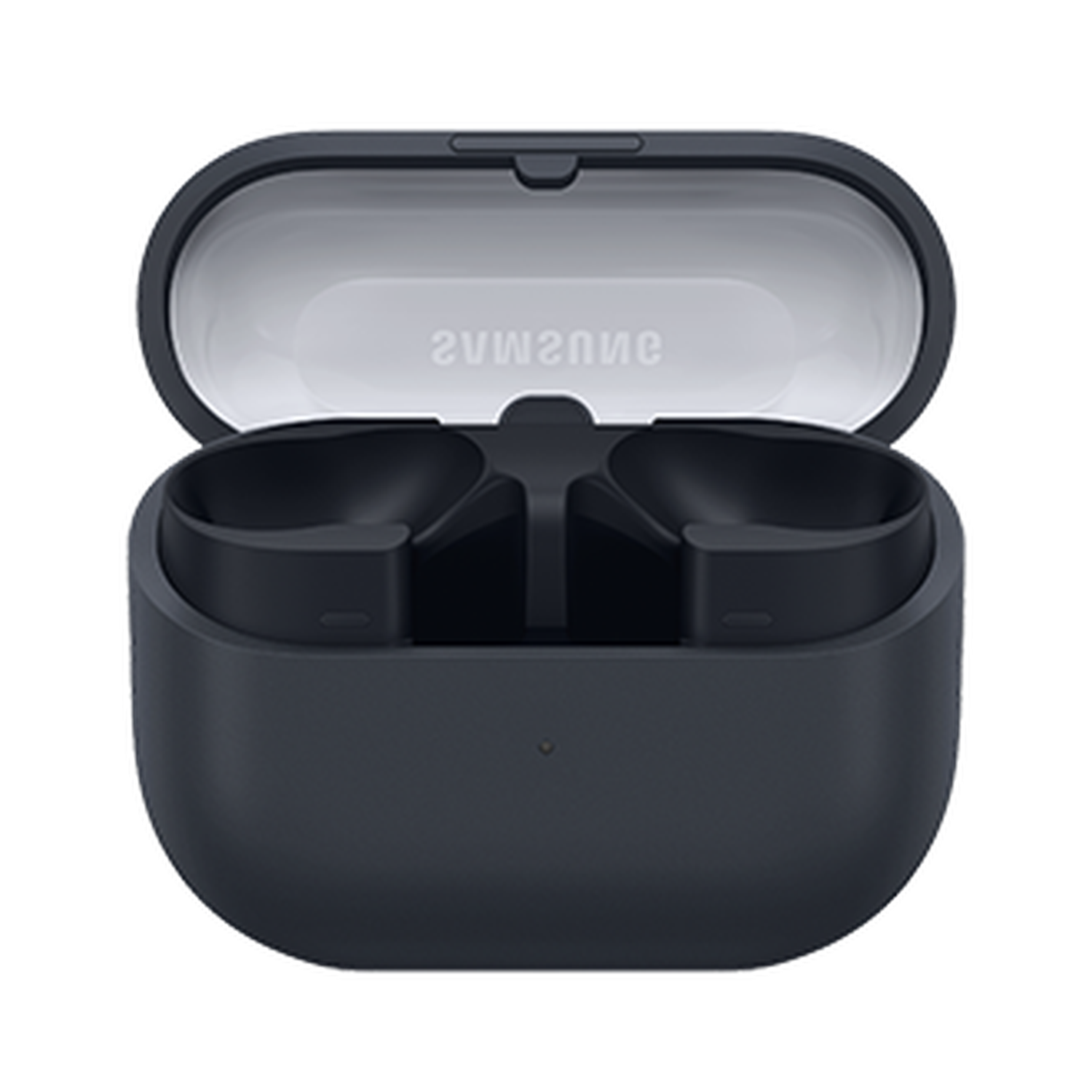 Estuche de auriculares gris oscuro abierto con auriculares dentro. La tapa está abierta, revelando el logo de Samsung.