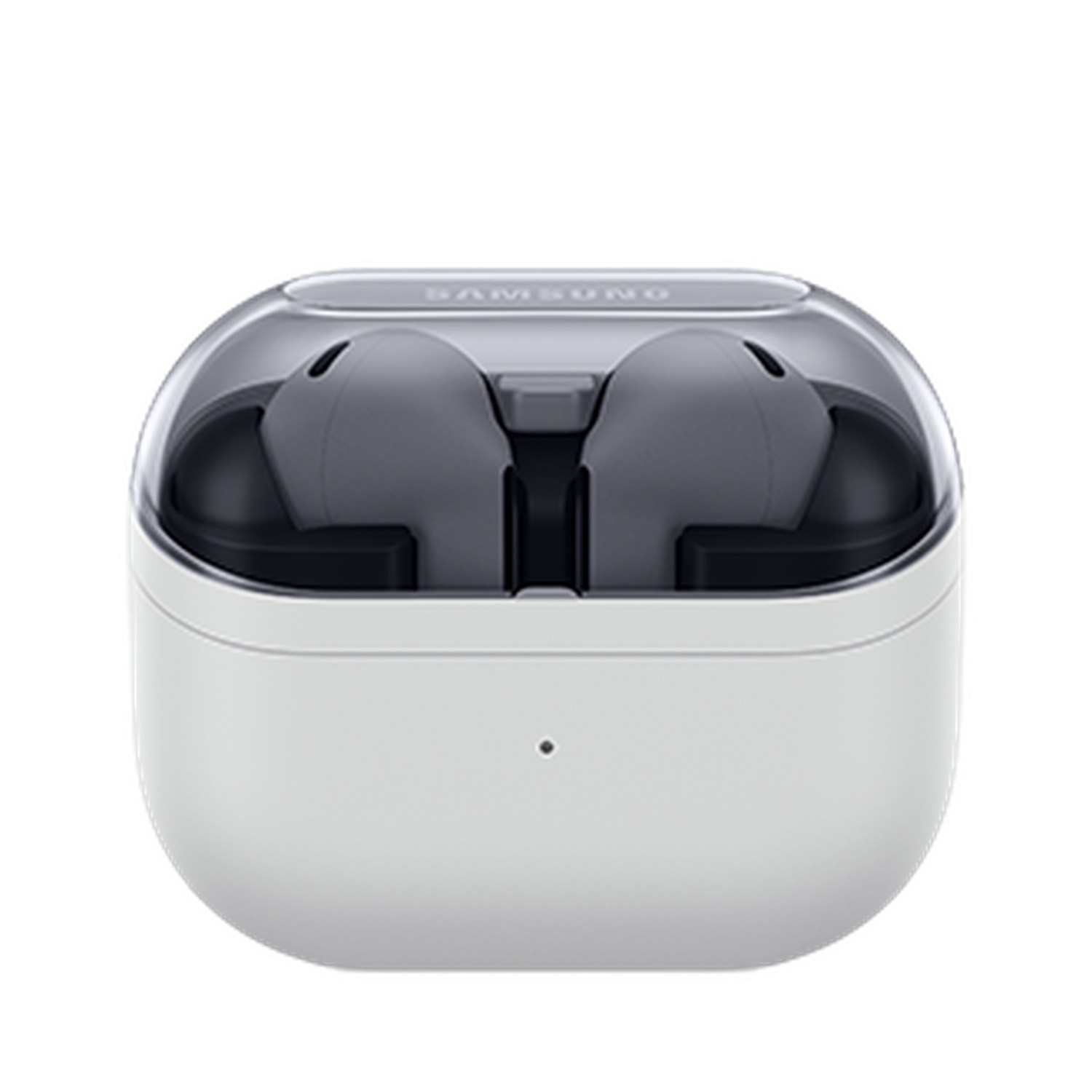 Witte oplaadcase met transparante bovenkant. Binnenin zijn twee grijze oordopjes zichtbaar. Het Samsung-logo is zichtbaar bovenaan.