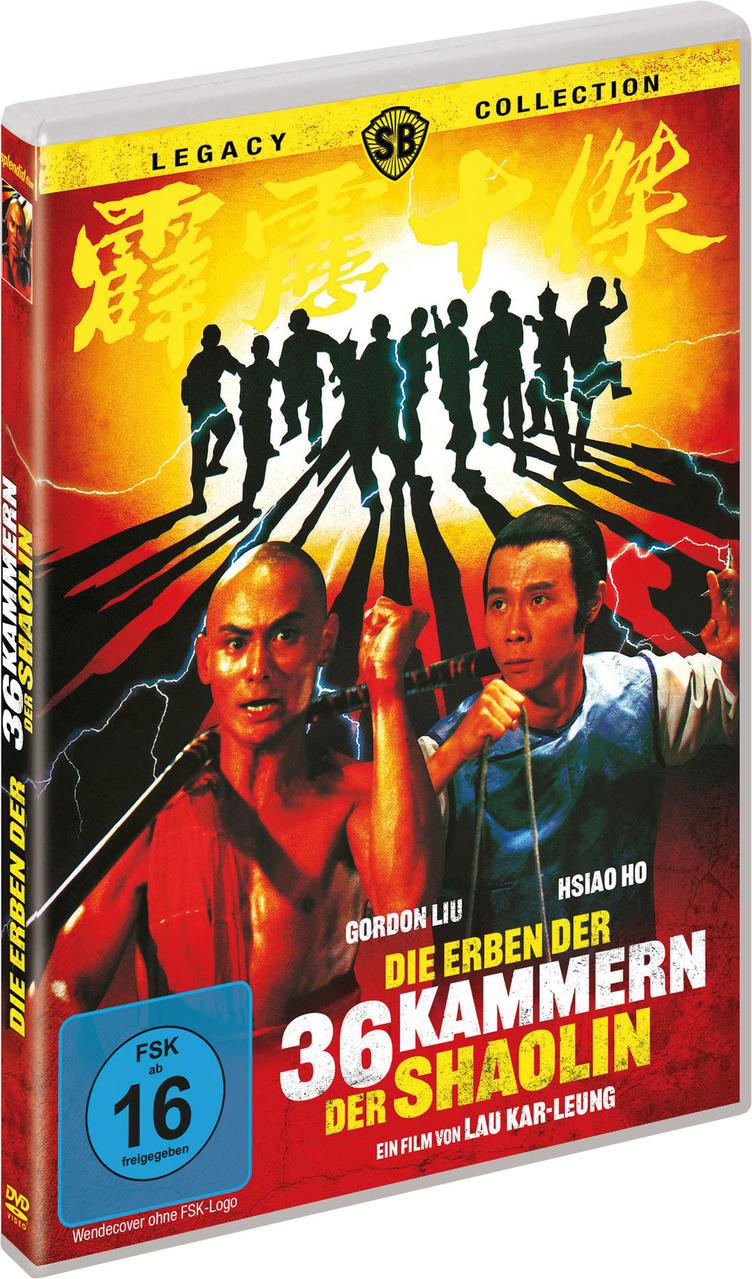 DVD-Cover eines Martial-Arts-Films. Es zeigt zwei Männer, Schattenfiguren und den Titel '36 Kammern der Shaolin'.