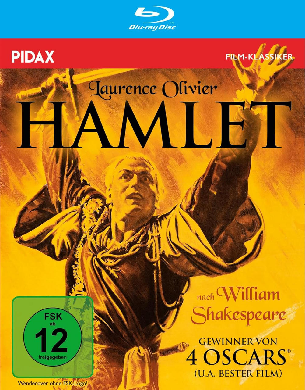 Hamlet Blu-ray-Cover. Laurence Olivier in einer gelb getönten Szene mit einem Schwert. Text enthält 'Hamlet', 'William Shakespeare' und '4 Oscars'.