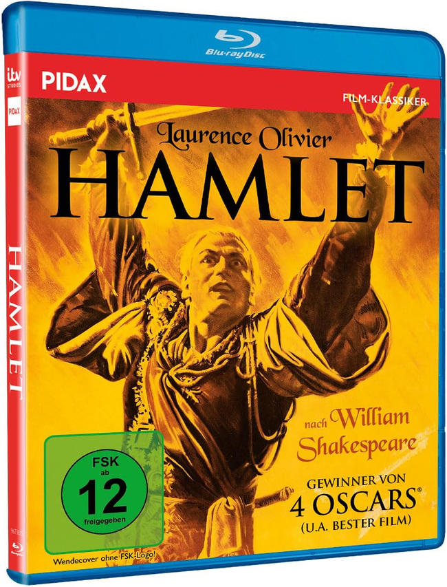 Blu-ray-Cover von Hamlet. Laurence Olivier in dramatischer Pose. Titel und Credits auf gelbem Hintergrund. Auszeichnungen und Logos.