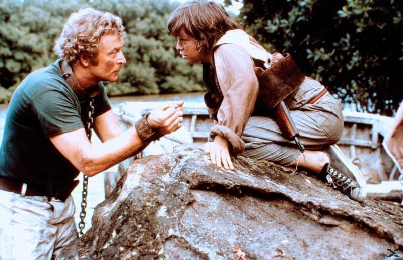 Zwei Männer in einer Filmszene. Einer trägt Ketten und ein grünes Hemd, der andere sitzt auf einem Felsen. Im Hintergrund sind verschwommene Bäume zu sehen.