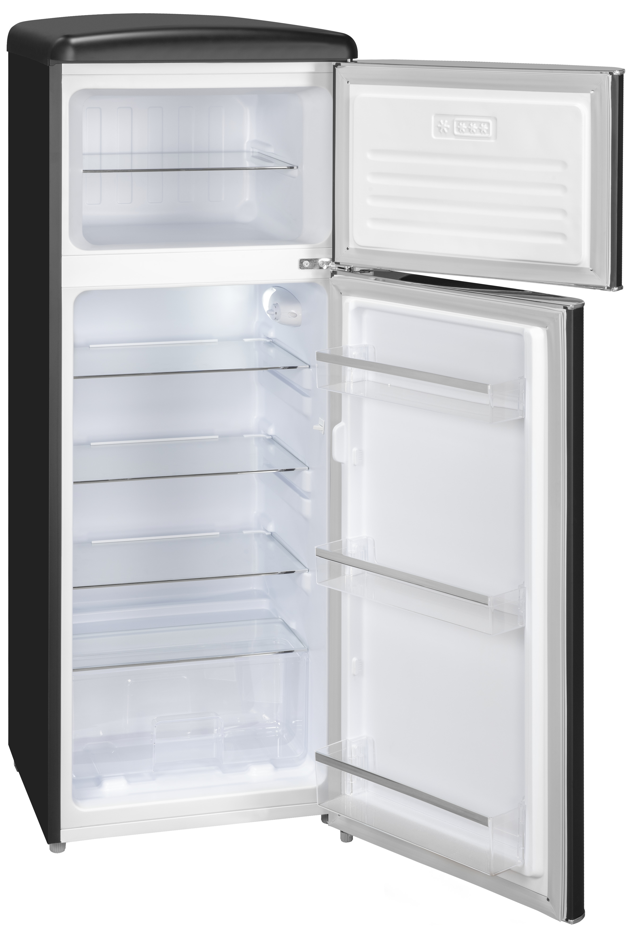 Ein offener schwarz-weißer Kühlschrank. Die Türen sind offen und zeigen Glasböden und einen weißen Innenraum.