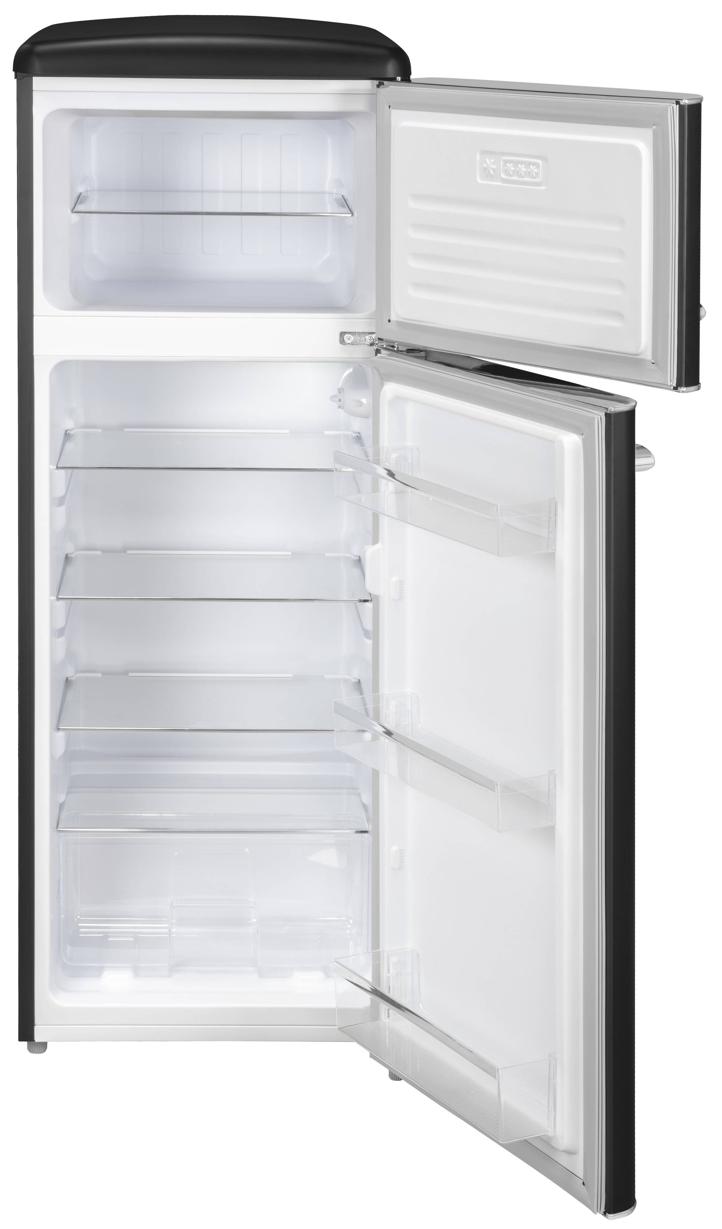 Ein schwarz-weißer Kühlschrank mit zwei geöffneten Türen. Innen sind Regale und ein Gefrierfach zu sehen.