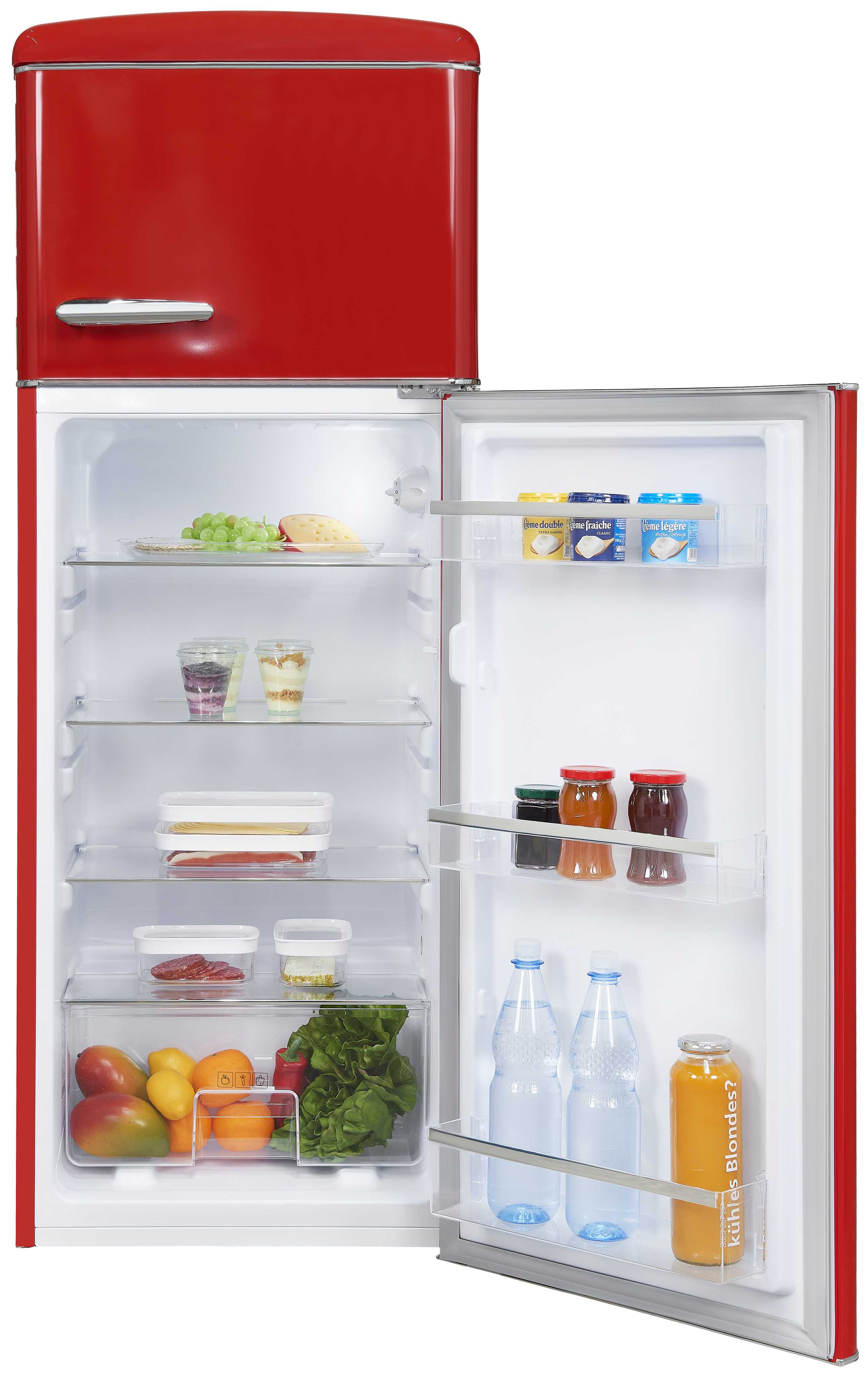 Roter Retro-Kühlschrank offen, mit Lebensmitteln wie Obst, Gemüse und Gläsern. Die Tür ist offen.