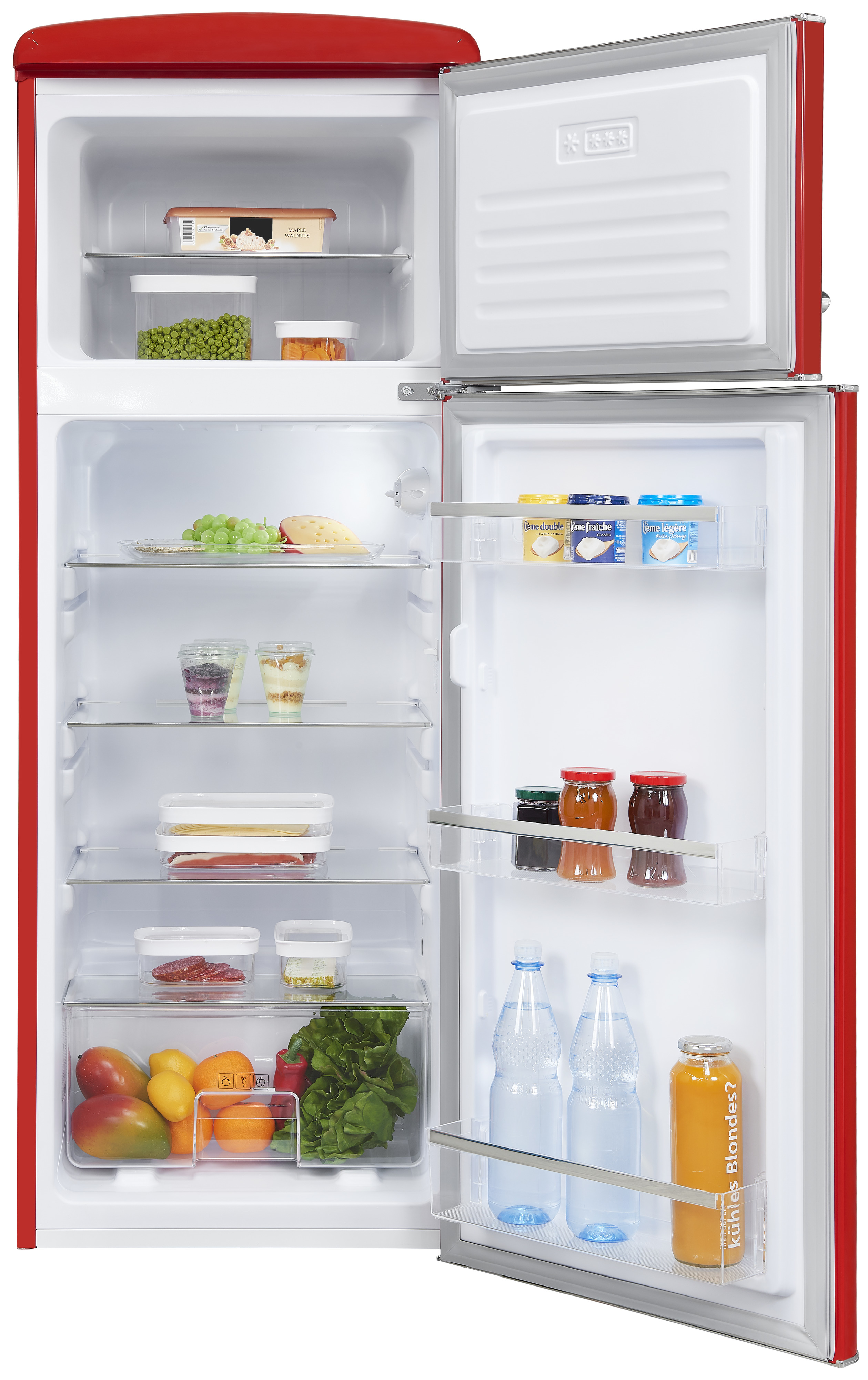 Roter Retro-Kühlschrank offen, gefüllt mit Lebensmitteln: Gemüse, Obst, Käse, Joghurt, Wasserflaschen und Saft. Der Innenraum ist weiß.