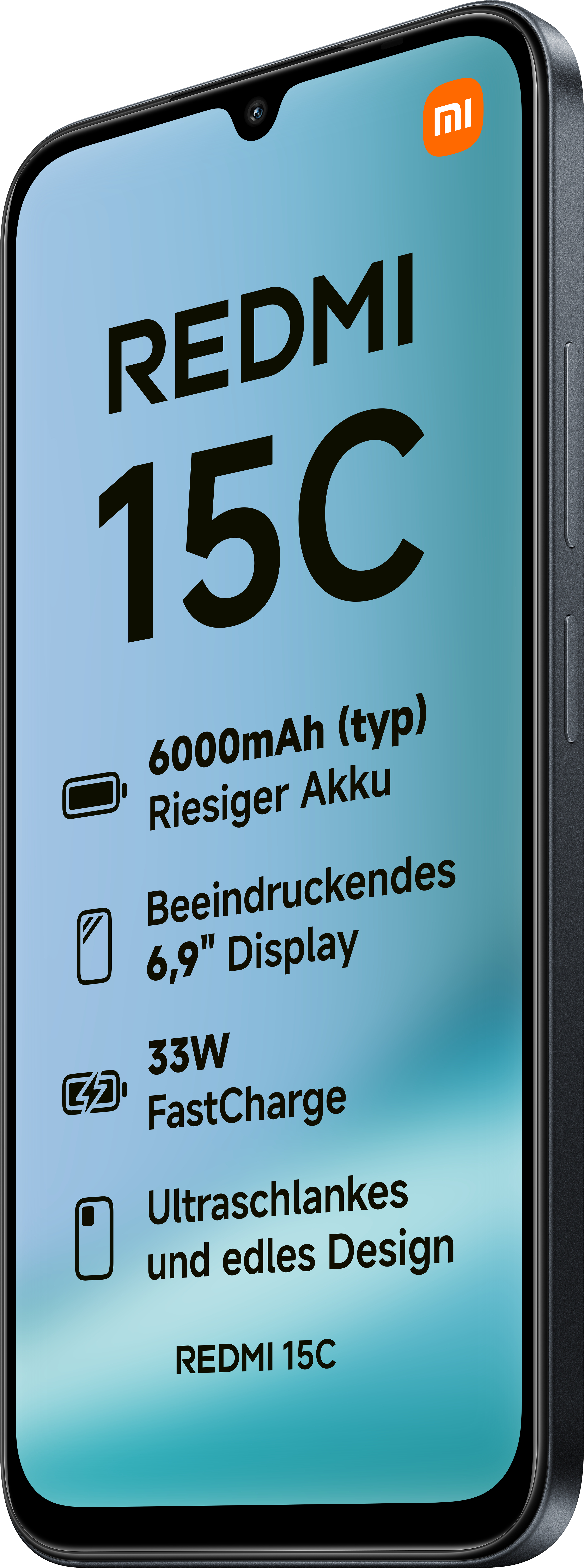 Ein Redmi 15C Smartphone zeigt Funktionen: 6000mAh Akku, großes Display, 33W Schnellladung, schlankes Design.