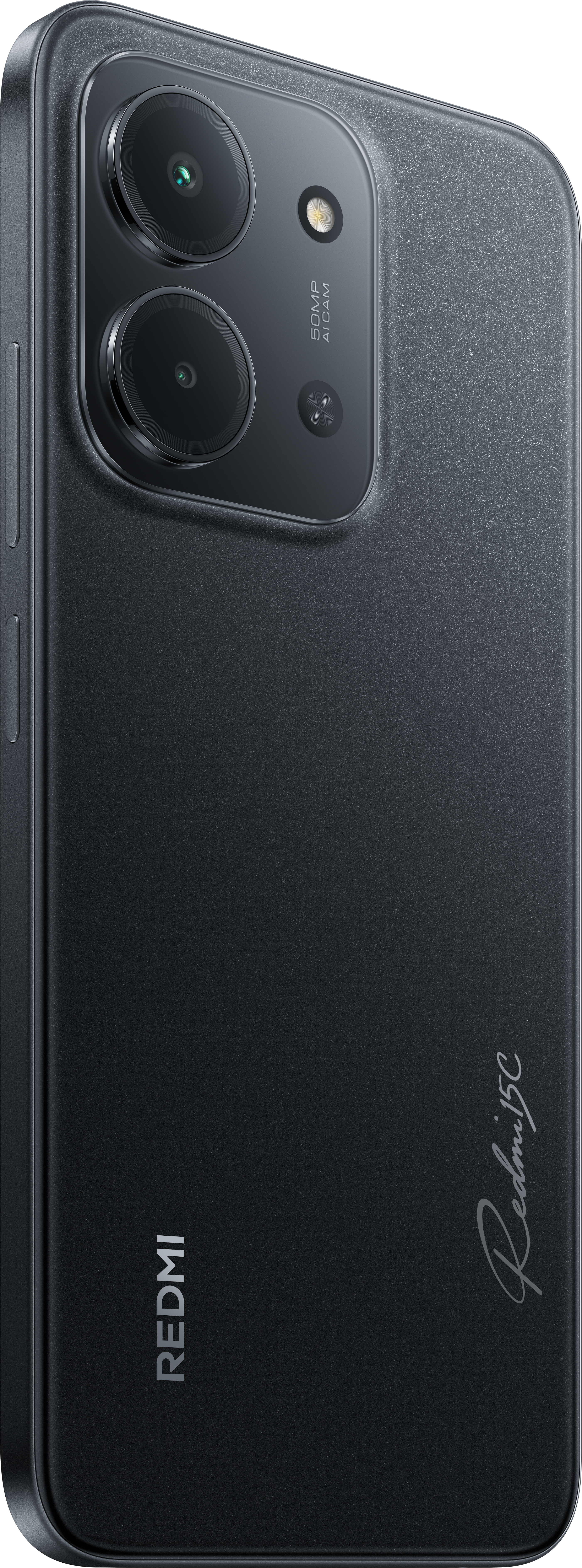 Schwarze Smartphone-Rückseite mit Dual-Kamera, Blitz und Redmi 15C-Logo. Mit REDMI-Markenname.