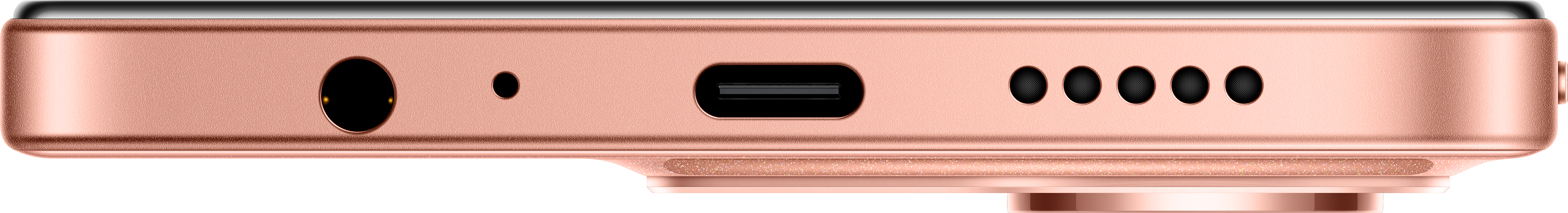 Roségoldene Telefonseite mit Kopfhöreranschluss, Mikrofonloch, USB-C-Anschluss und Lautsprechergittern. Die Oberseite ist schwarz.