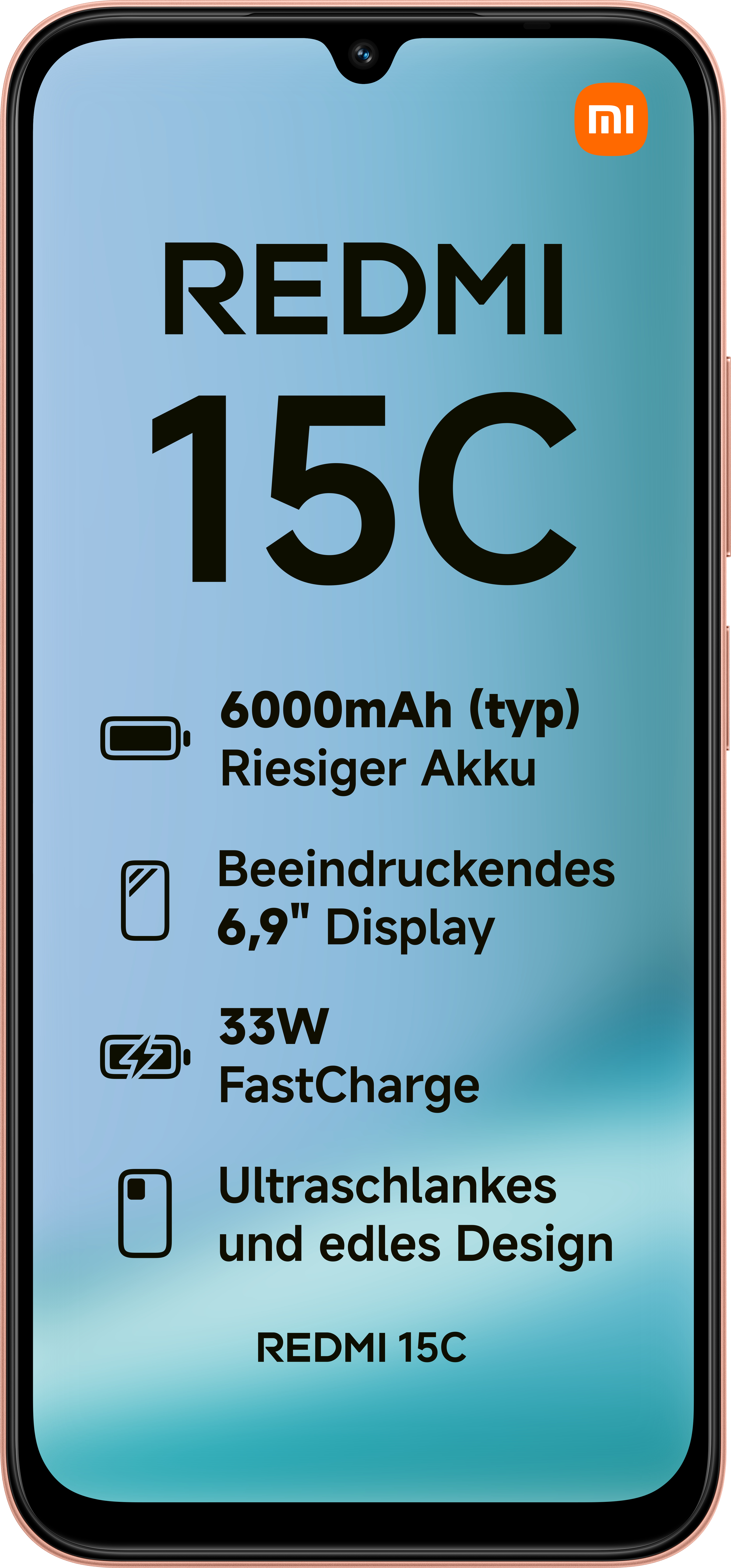 Ein Smartphone mit "REDMI 15C" und Funktionen: 6000mAh Akku, 6,9" Display, 33W FastCharge und schlankes Design.