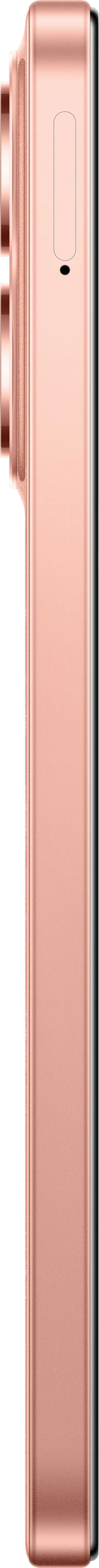 Seitenansicht eines roségoldenen Geräts mit schwarzem Rand. Es hat eine Taste und Kameralinsen.