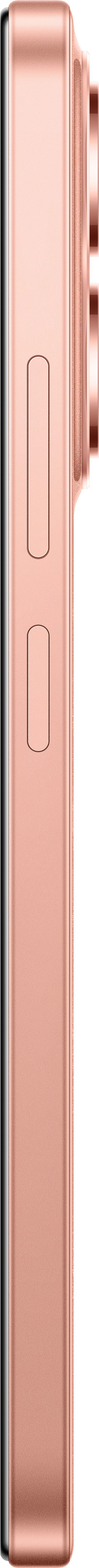Seitenansicht eines roségoldenen Smartphones. Es hat zwei Knöpfe und eine Kamerawölbung. Der Bildschirm ist schwarz.