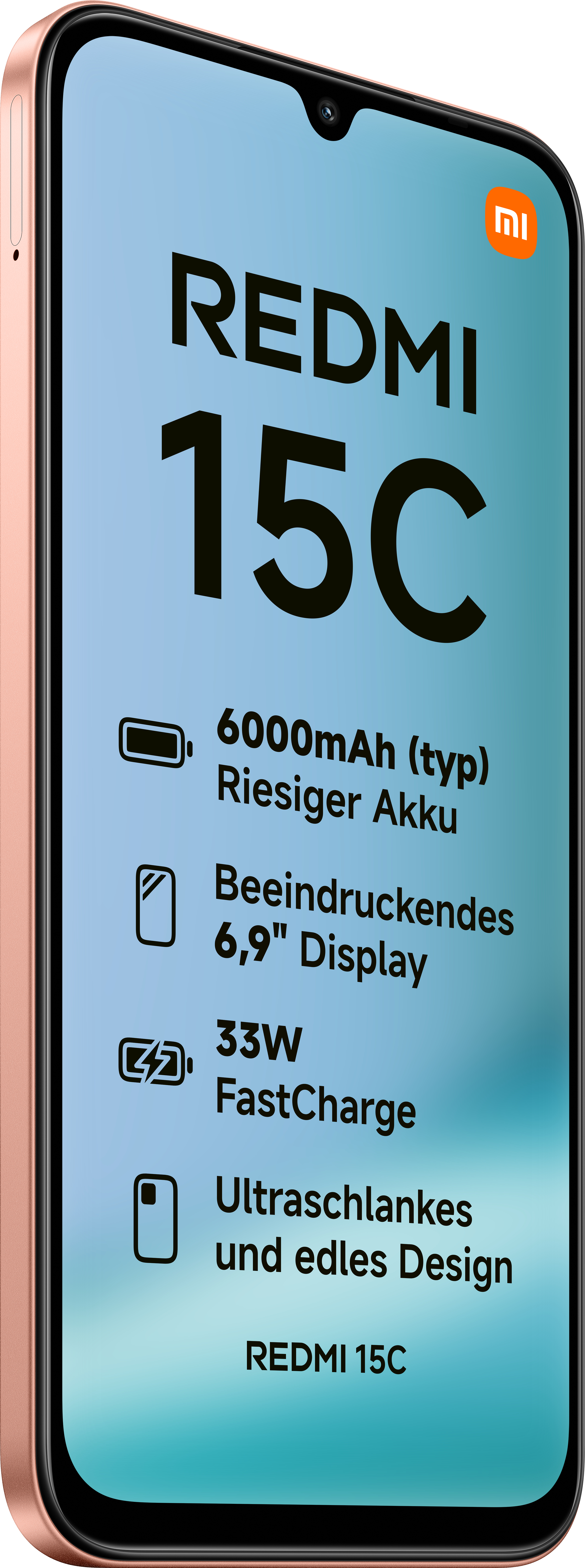 Ein Telefon mit rosa Rahmen zeigt Details des Redmi 15C: Akku, Bildschirm und Schnellladefunktionen. Blauer Farbverlauf im Hintergrund.