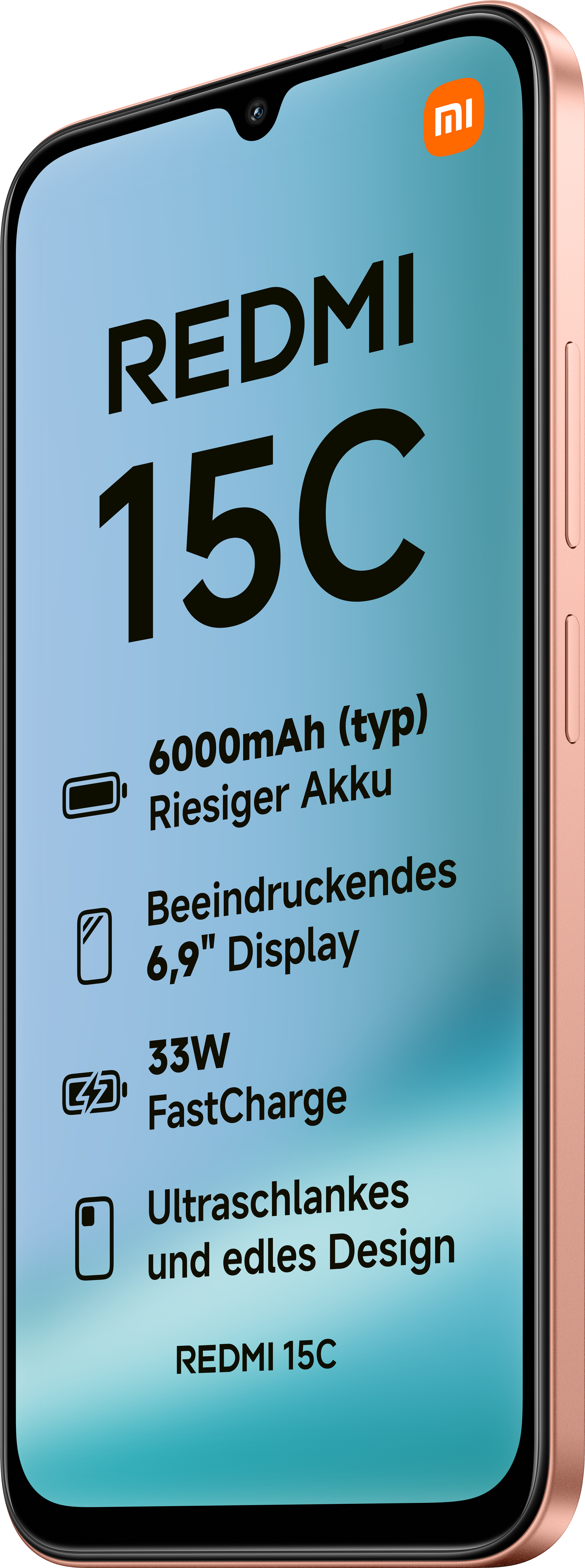Smartphone-Bildschirm mit 'REDMI 15C' und Funktionen: 6000mAh Akku, 6,9" Display, 33W FastCharge und schlankes Design.
