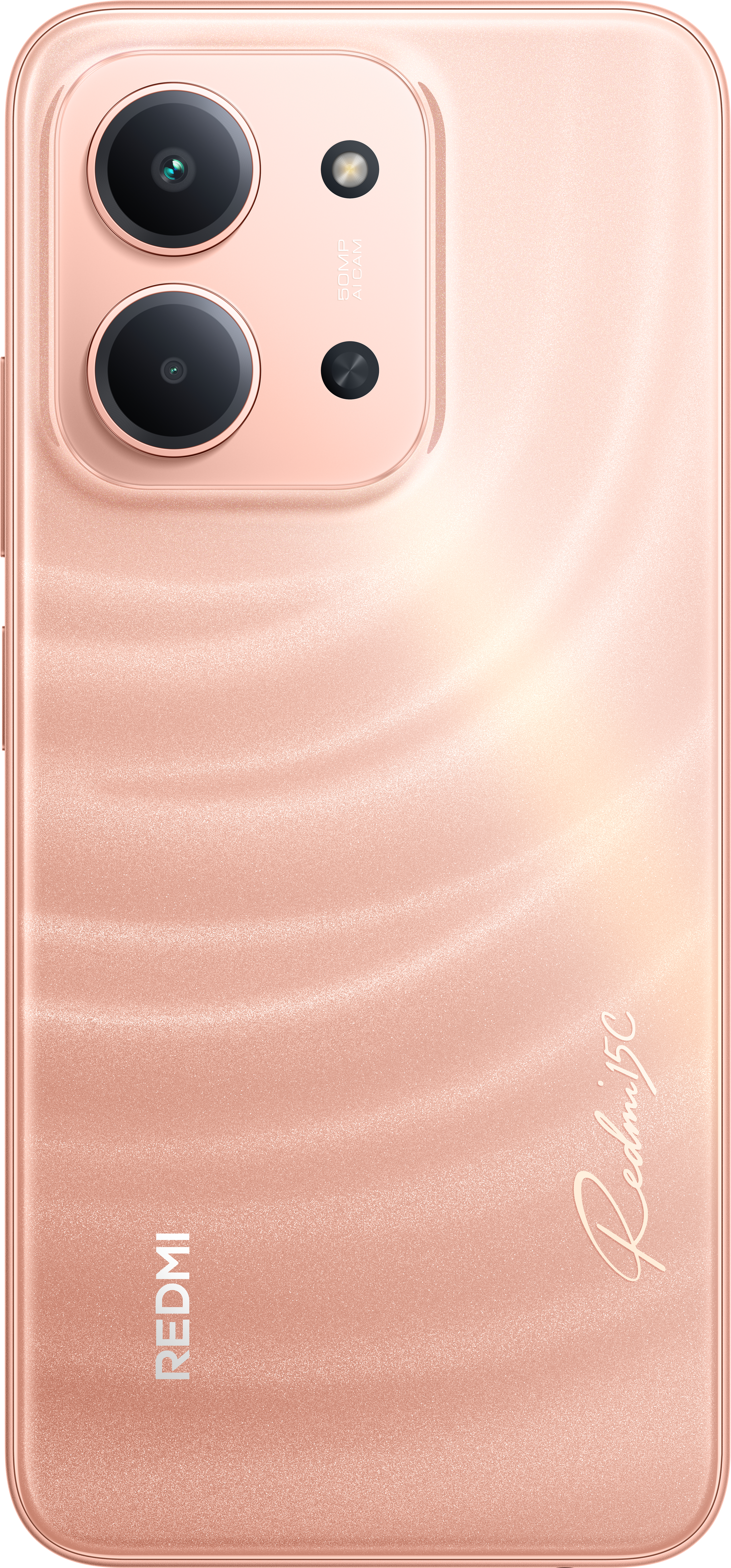 Rückseite eines roségoldenen Smartphones. Es hat zwei Kameralinsen, Blitz und das Redmi 15C-Logo. Das Redmi-Logo ist ebenfalls vorhanden.