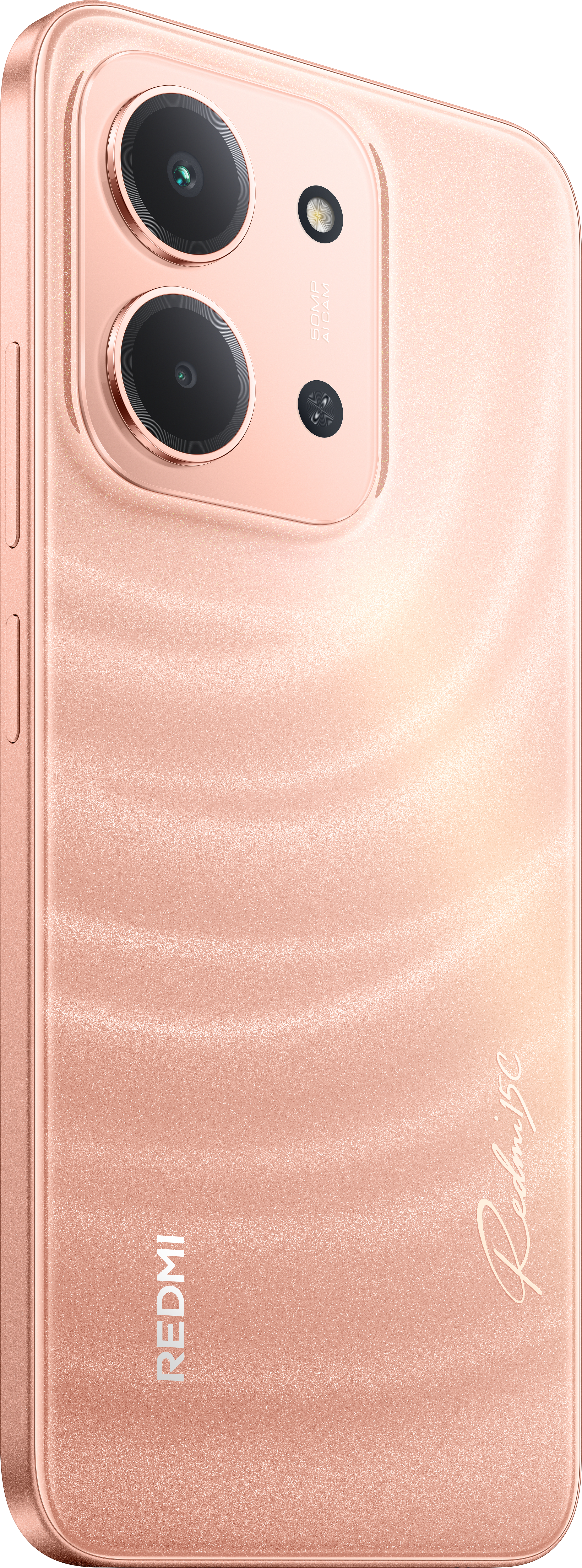 Rückseite eines roségoldenen Telefons mit zwei Kameras. Das Redmi-Logo befindet sich unten, Realme 5C steht seitlich.