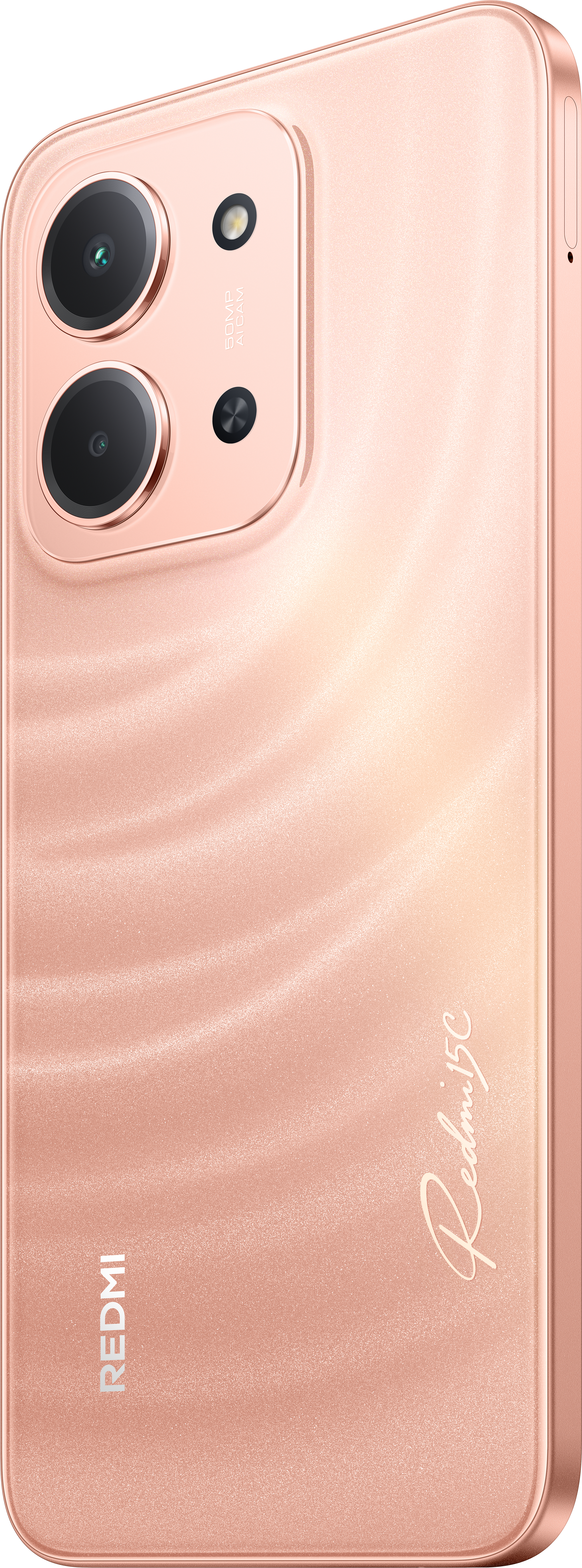Rückseite des roségoldenen Smartphones. Zwei Kameras, ein Blitz und das Redmi 15C-Logo sind sichtbar. Redmi-Logo unten.