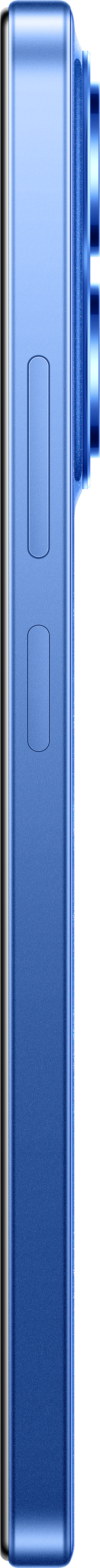 Seitenansicht eines blauen Smartphones. Es hat zwei Knöpfe an der Seite und eine Kameraerhebung.