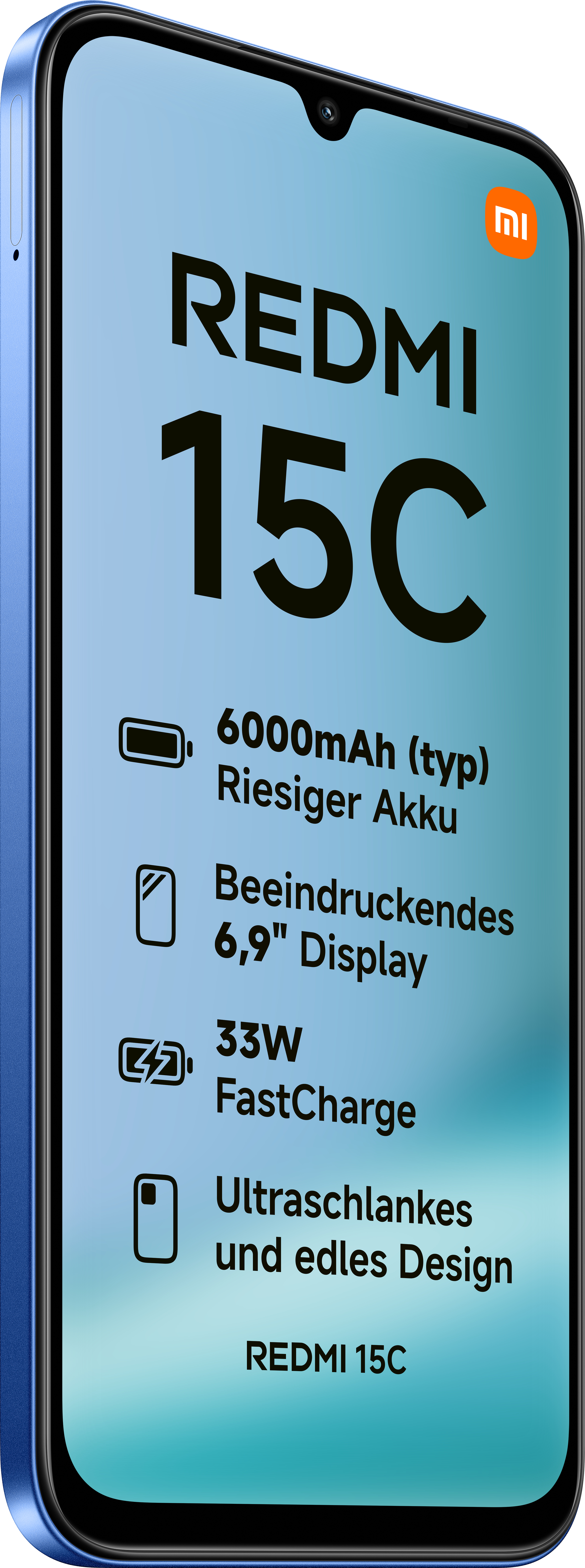Blaues Smartphone zeigt Funktionen: 6000mAh Akku, 6,9" Display, 33W FastCharge und schlankes Design. Marke ist Redmi 15C.