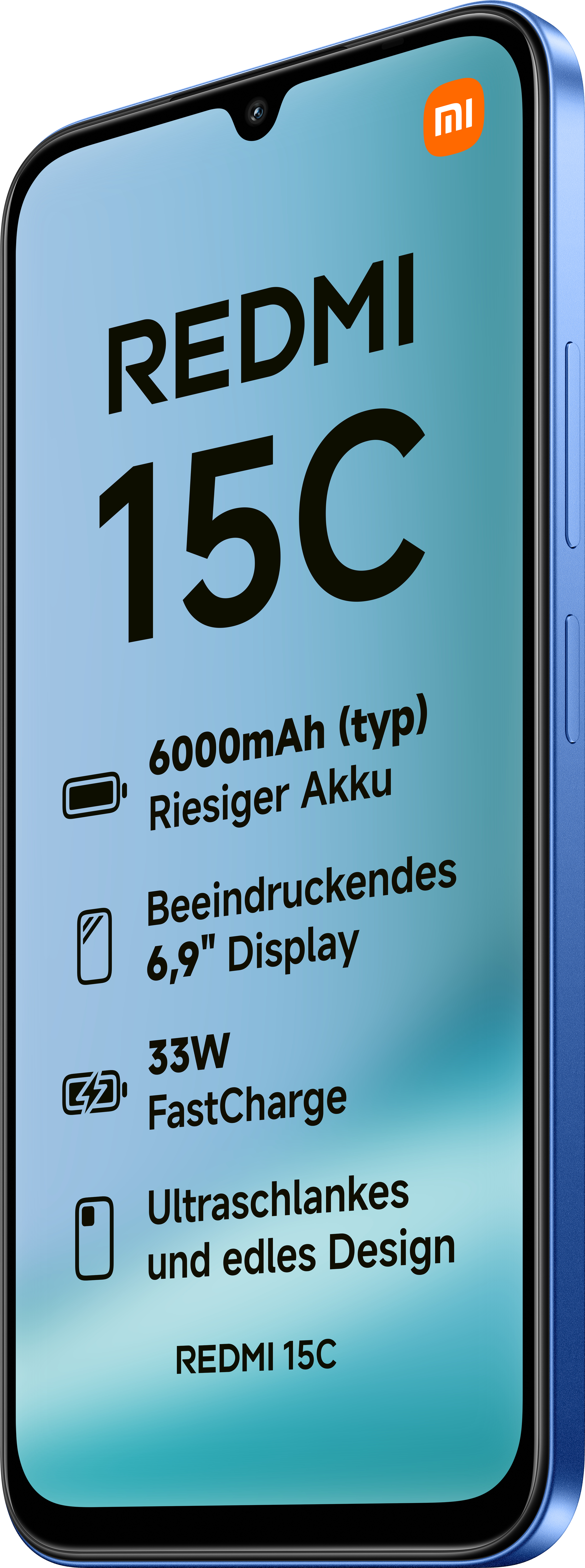 Blaues Redmi 15C-Telefon. Merkmale: 6000mAh Akku, 6,9" Display, 33W Schnellladung und schlankes Design. Xiaomi-Logo oben rechts.