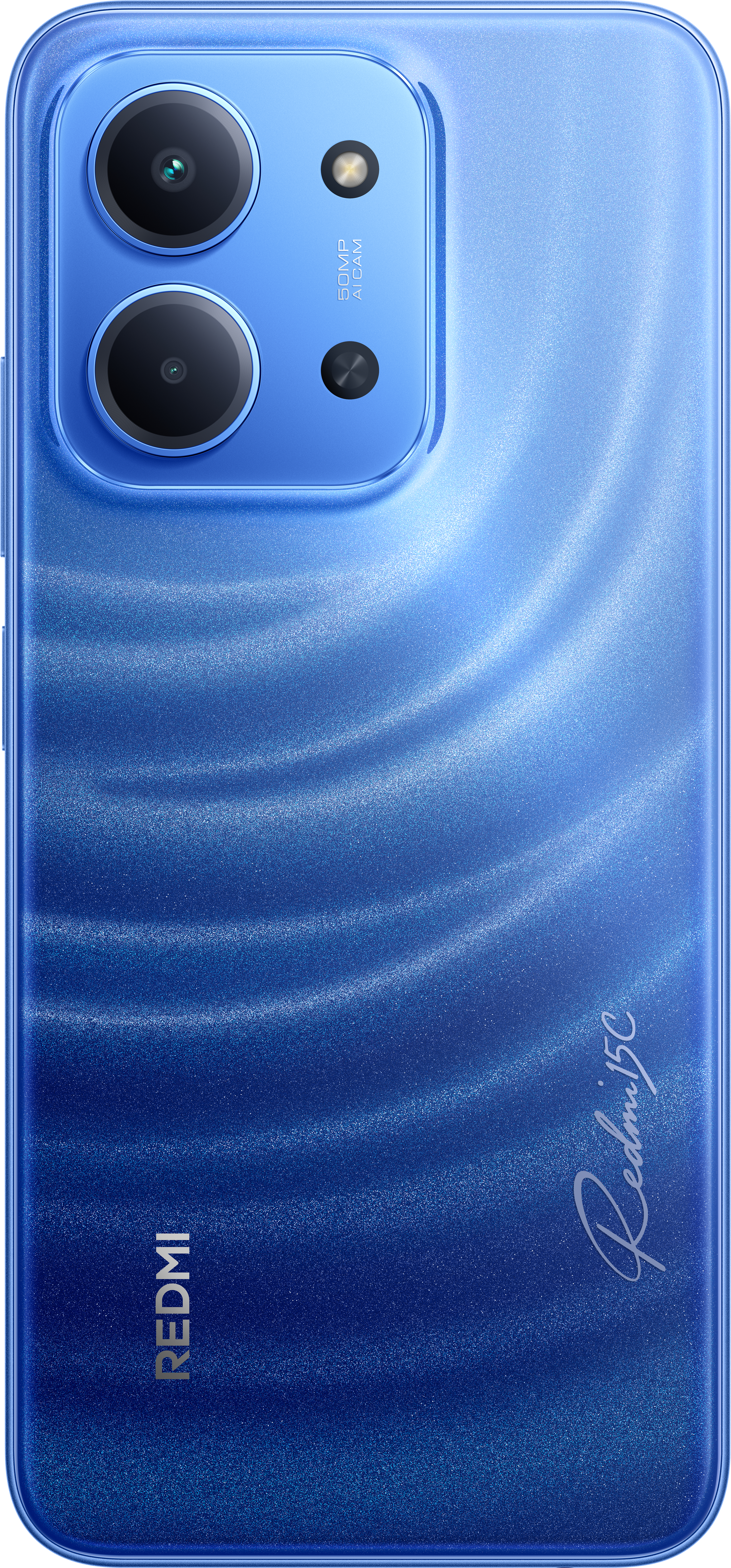 Blaue Telefonrückseite mit Dreifachkamera. Redmi- und 15C-Branding sind sichtbar. Die Rückseite hat ein Wellenmuster.